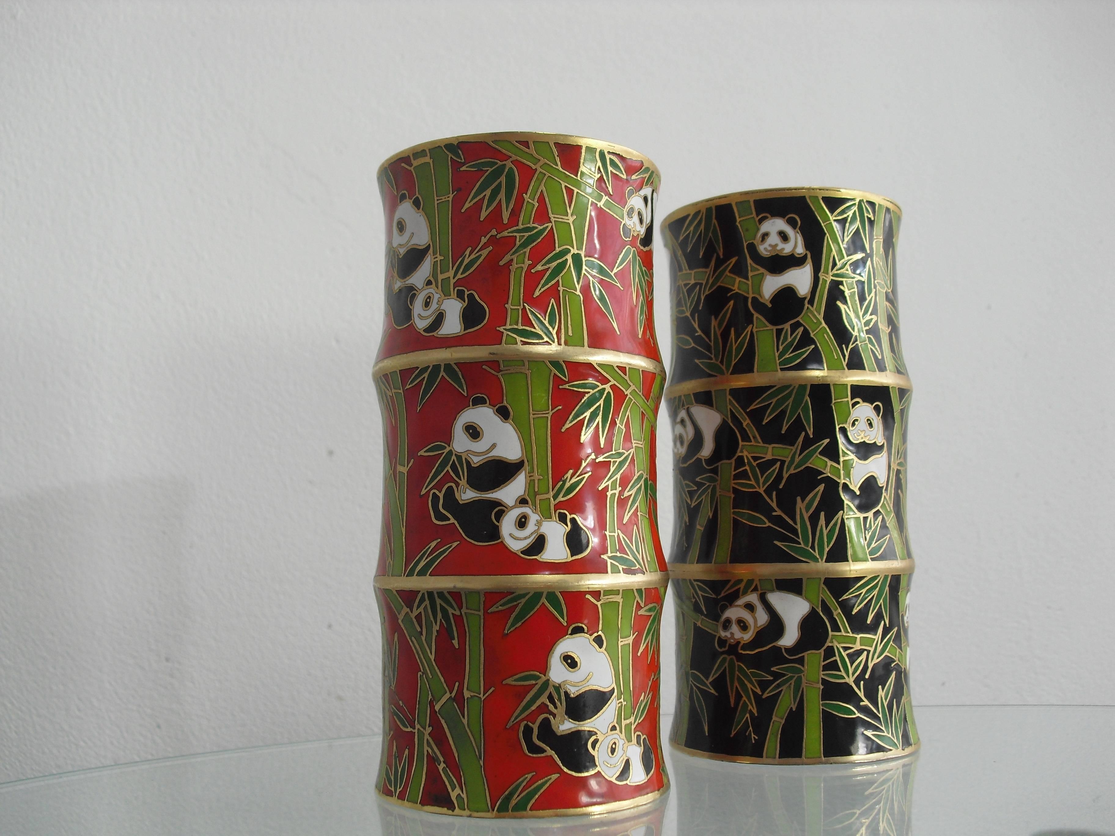 Pair Oriental Brass Cloisonne Bamboo Shape Vases with Panda & Bamboo decoration. For Sale 1