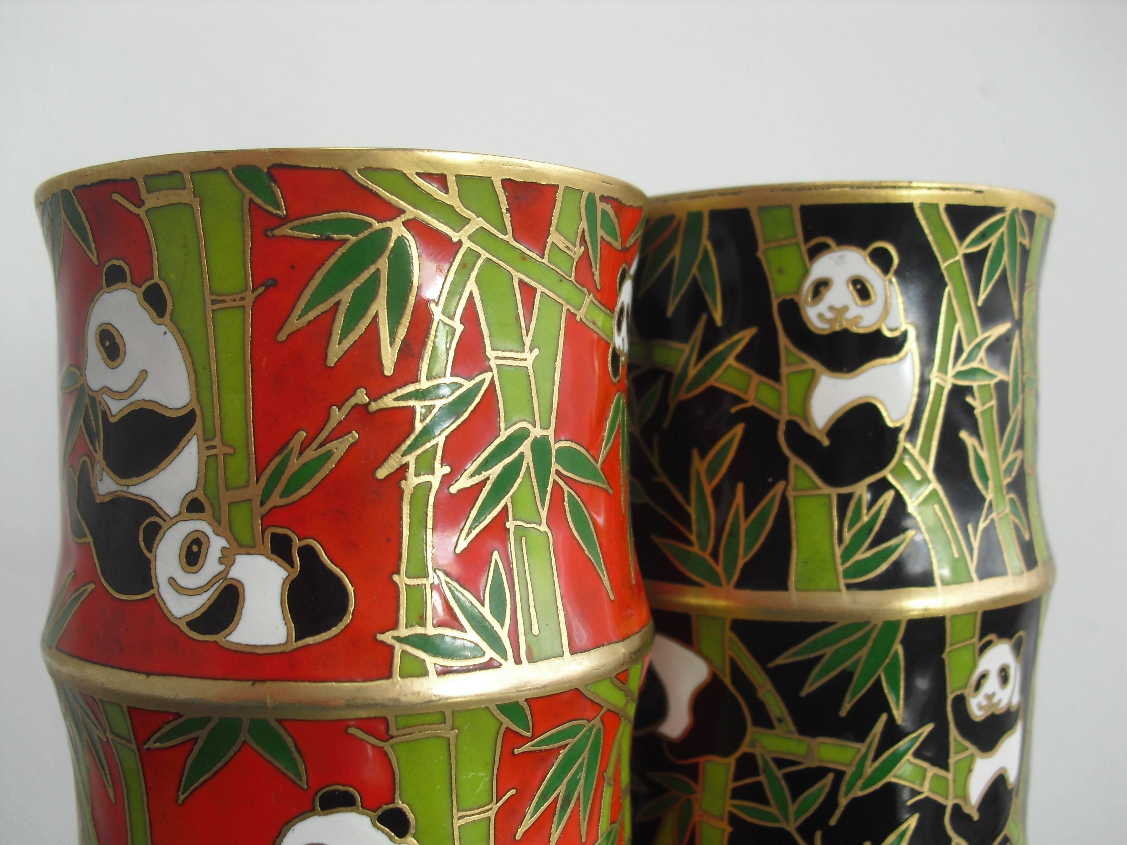 Pair Oriental Brass Cloisonne Bamboo Shape Vases with Panda & Bamboo decoration. For Sale 3