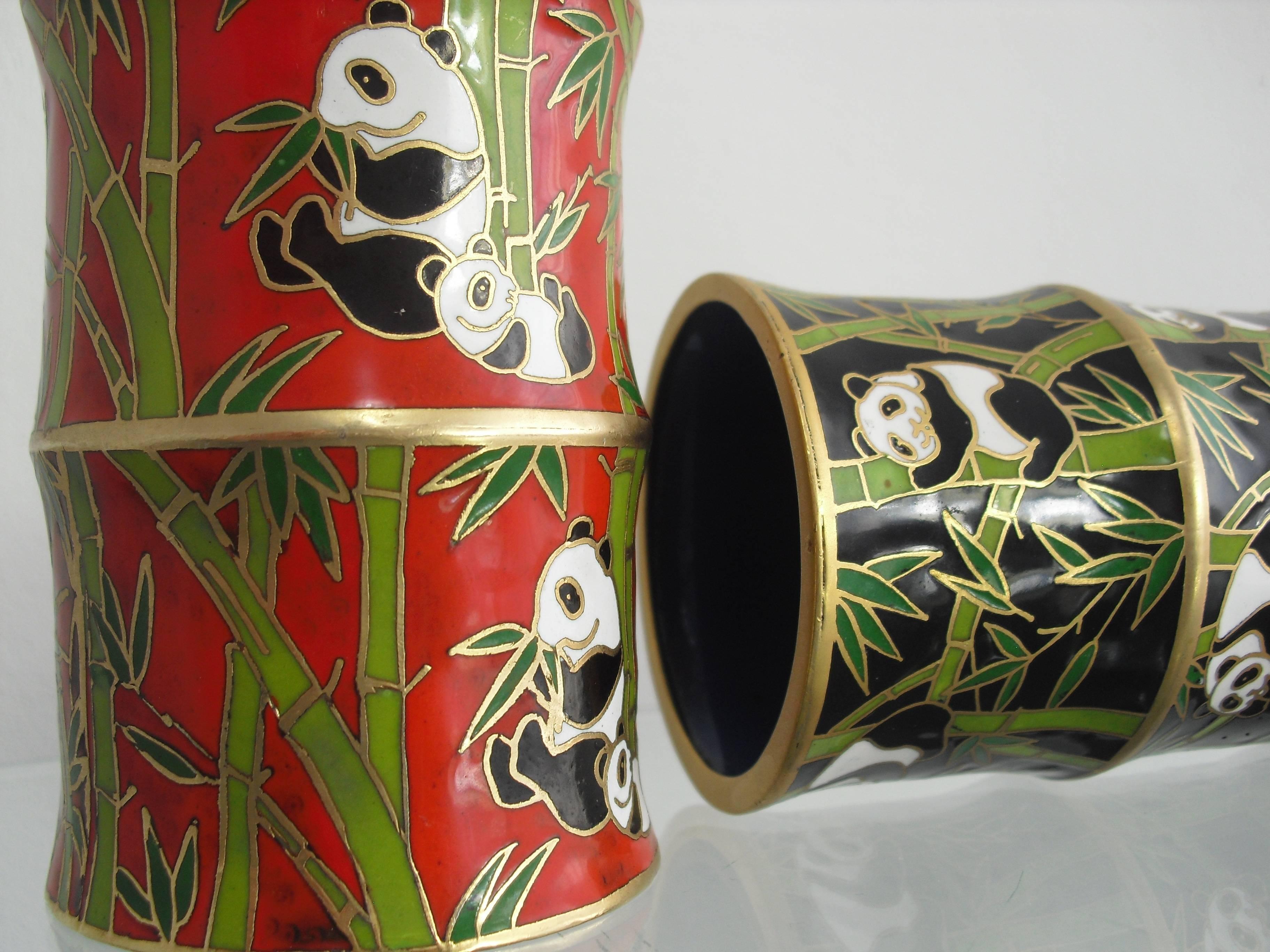 Pair Oriental Brass Cloisonne Bamboo Shape Vases with Panda & Bamboo decoration. For Sale 2