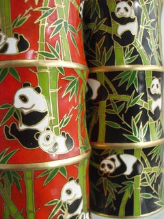 Pair Oriental Brass Cloisonne Bamboo Shape Vases with Panda & Bamboo decoration.