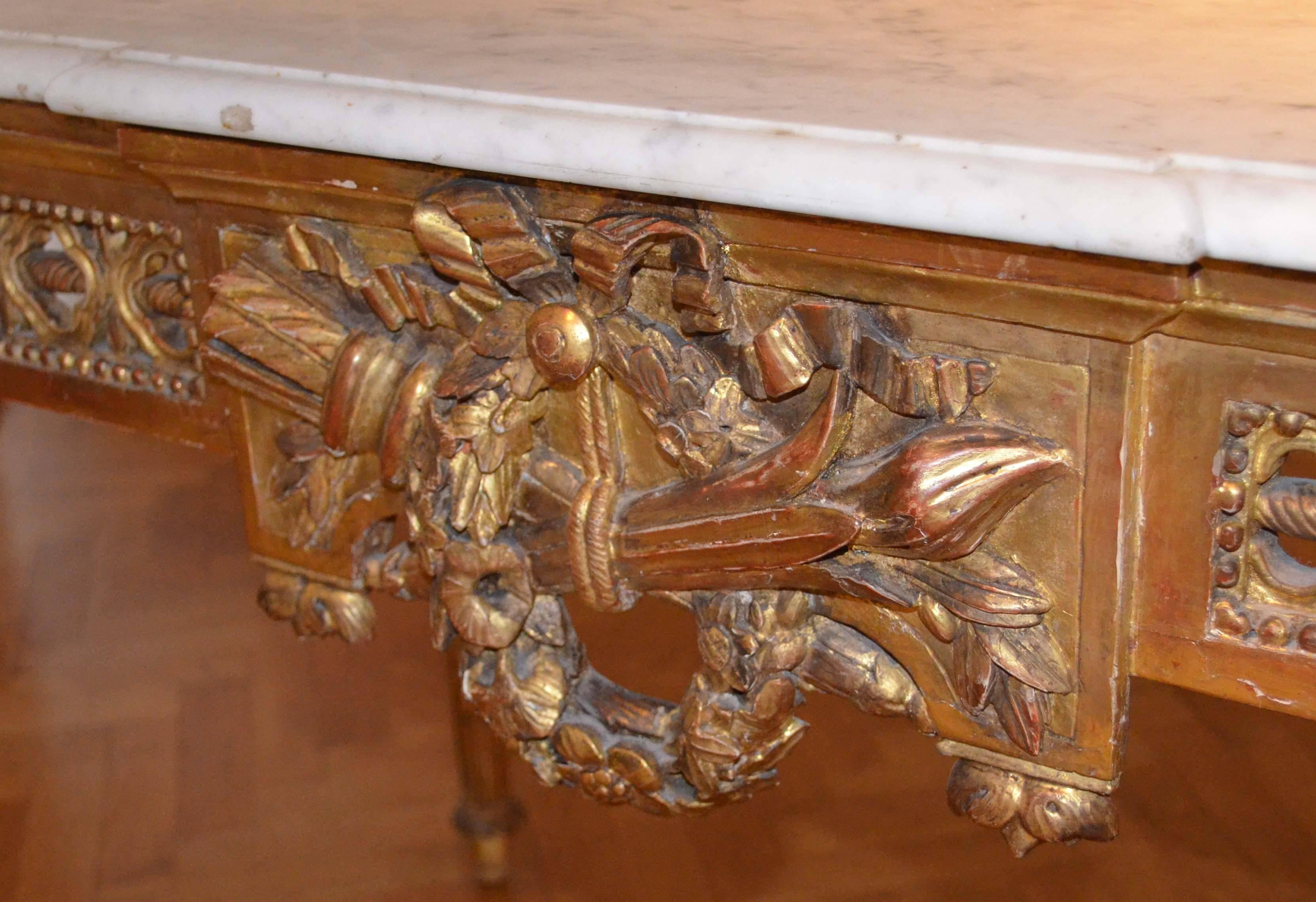 Hand-Carved Freestanding Russian Giltwood Louis XVI Table with a Marble Top For Sale