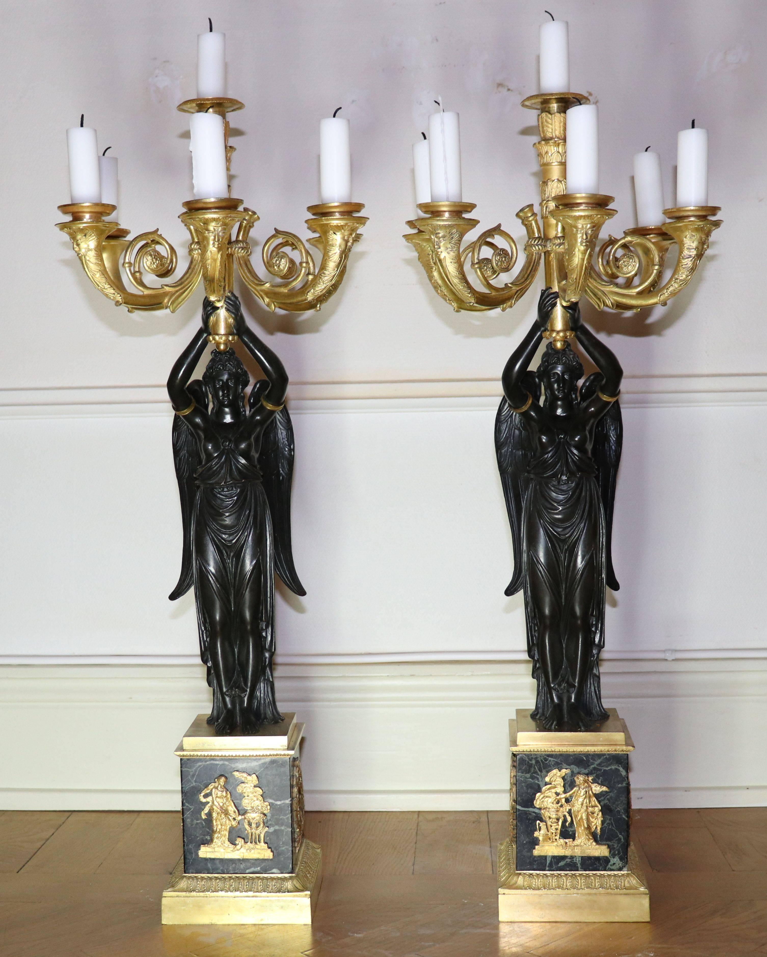 Hand-Carved Pair of Empire Gilt Bronze Candelabra Attributed to Pierre Victor Ledure For Sale