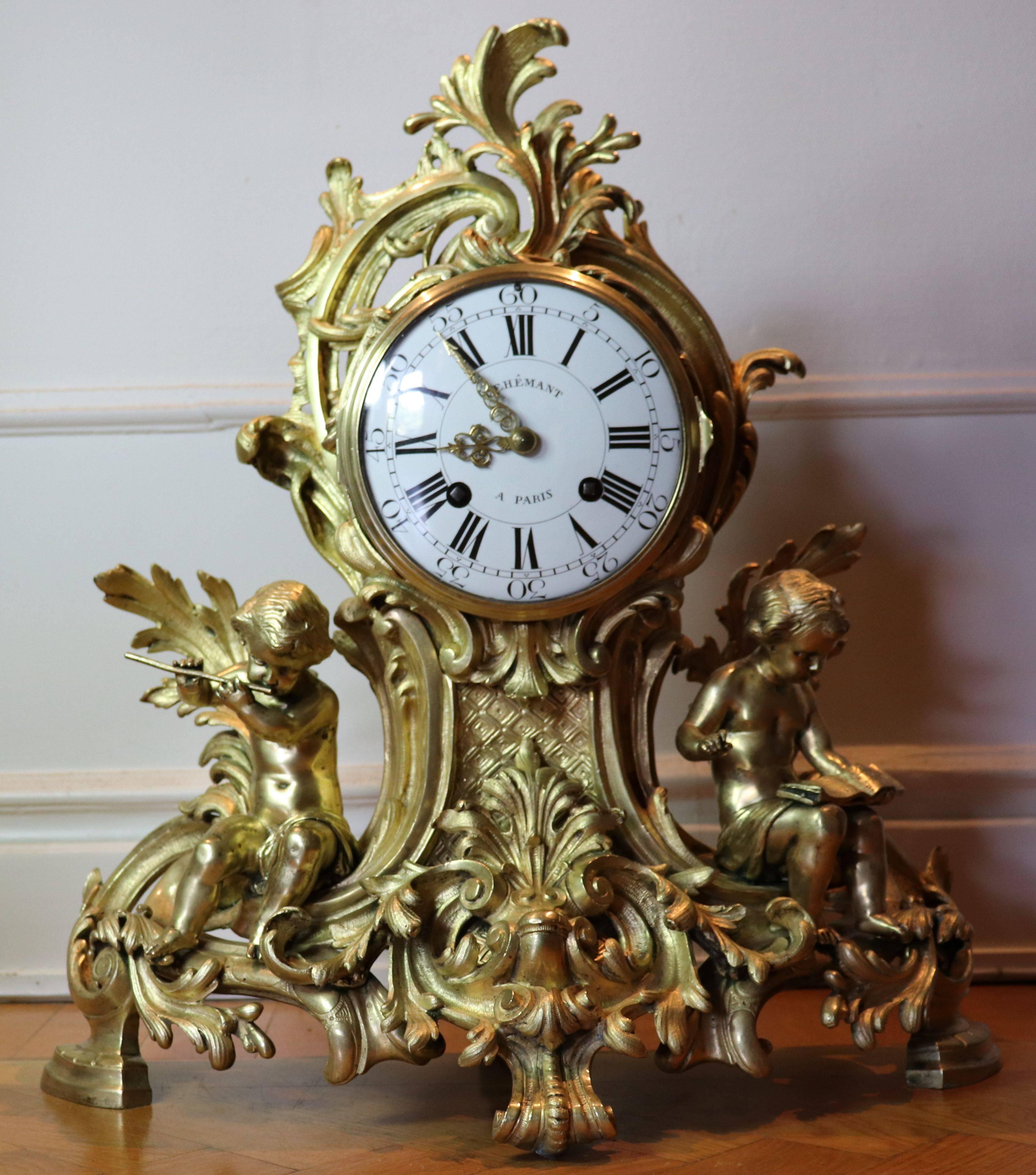 French Rococo Gilt Bronze Mantle Clock Dehemant / Duplessis For Sale