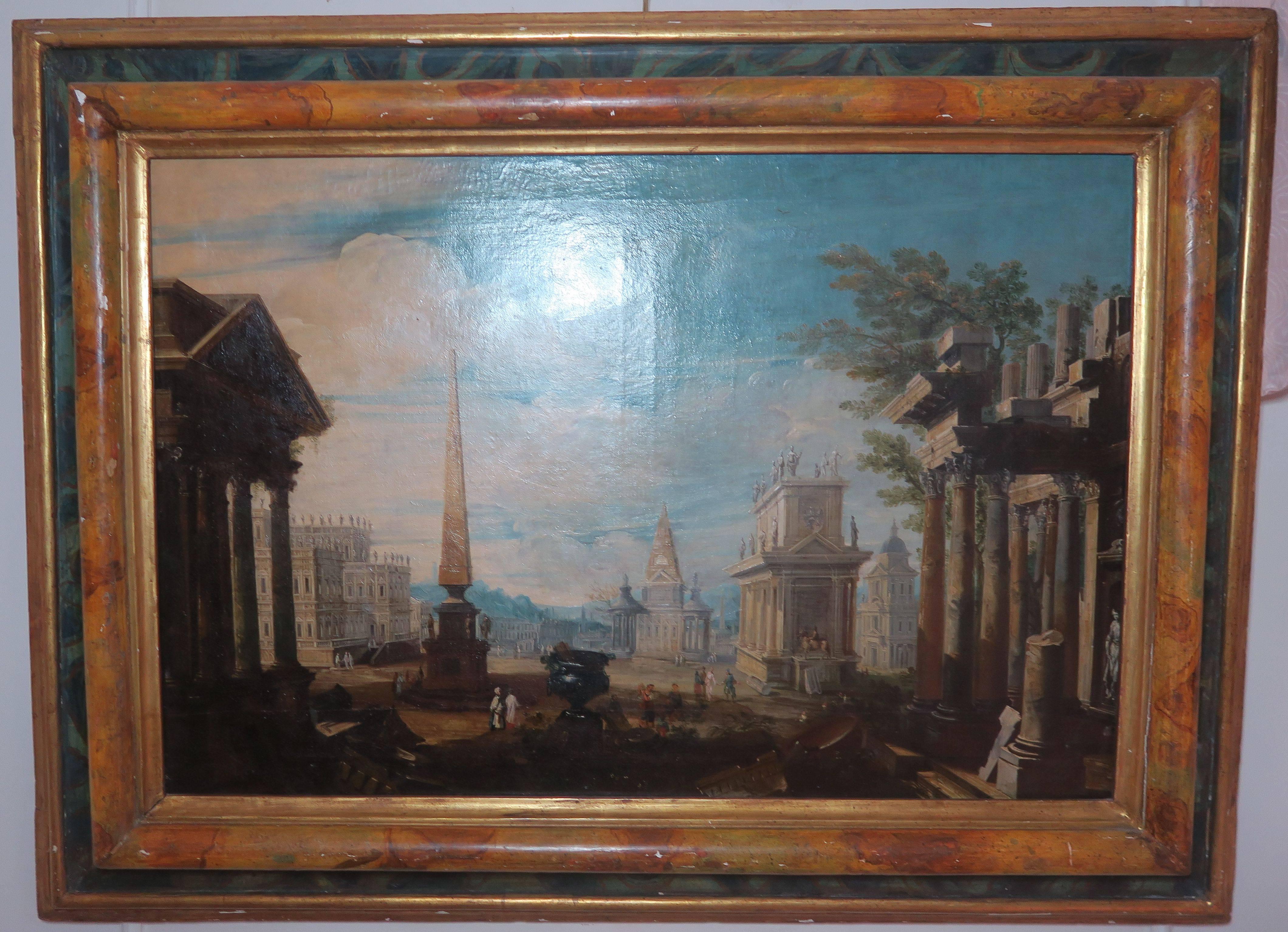 Baroque Italian Late 17th Century Capriccio Painting Original Canvas Orignal Frame