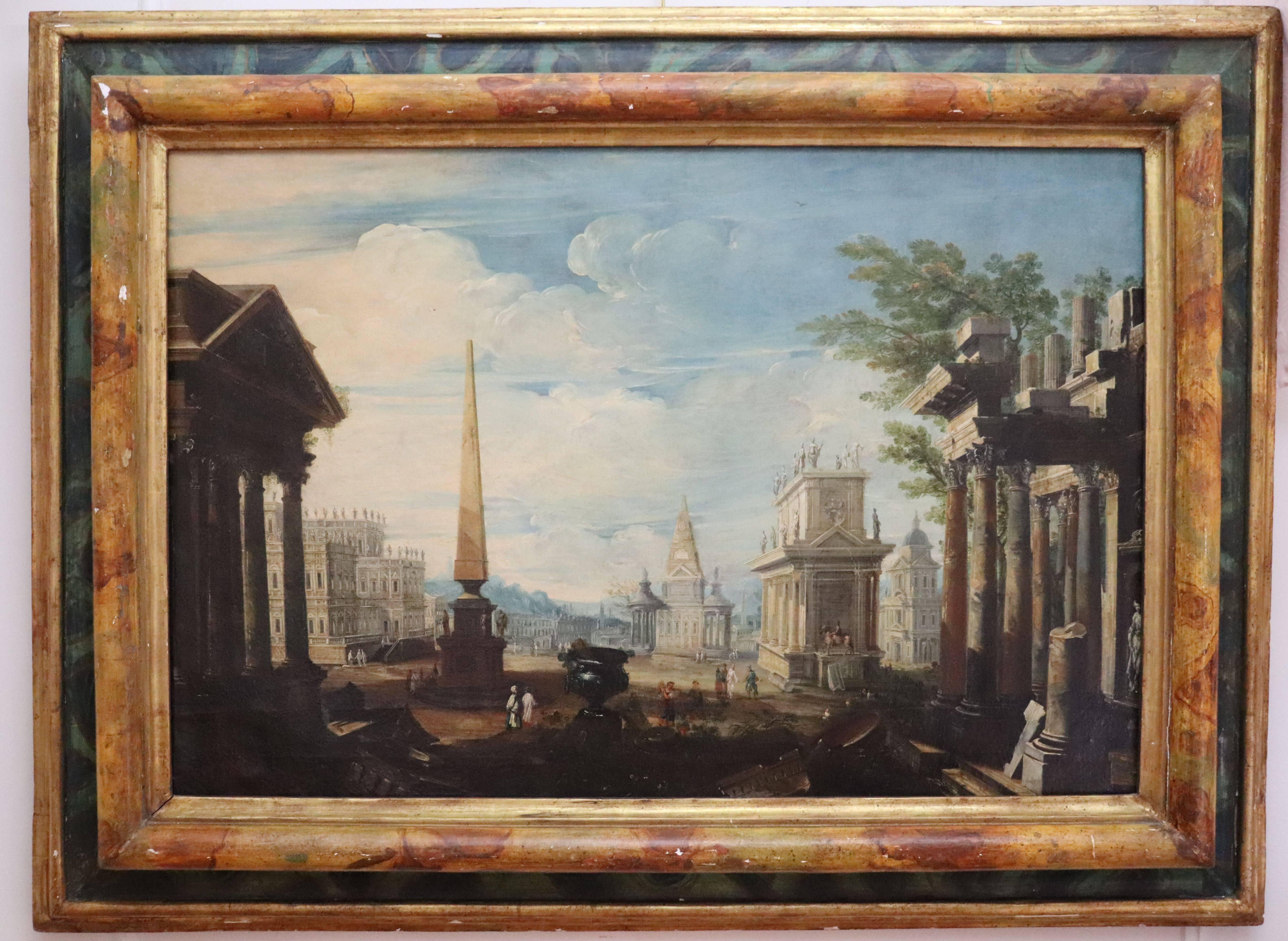 Painted Italian Late 17th Century Capriccio Painting Original Canvas Orignal Frame