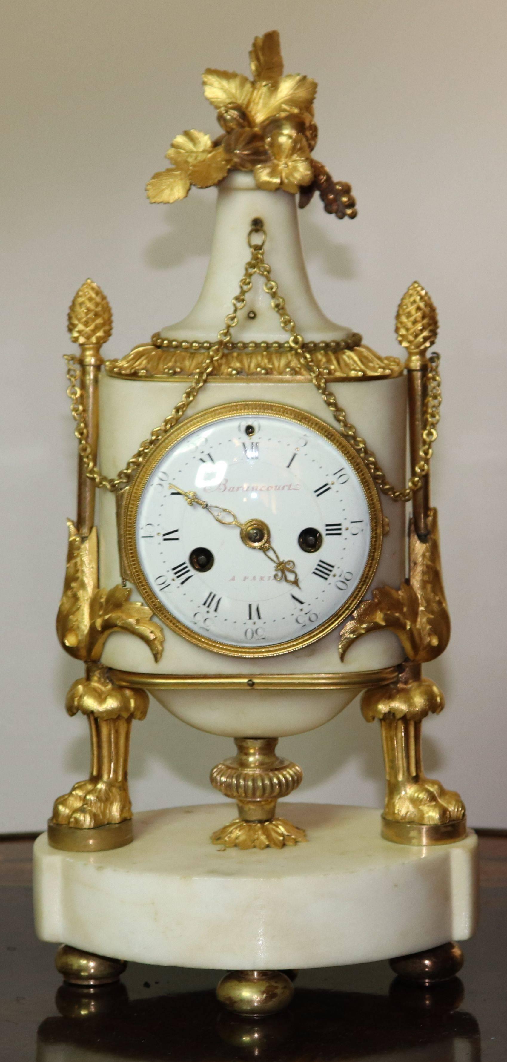 Hand-Carved Louis XVI Giltbronze and Marble Clock Signed Barancourt a Paris For Sale