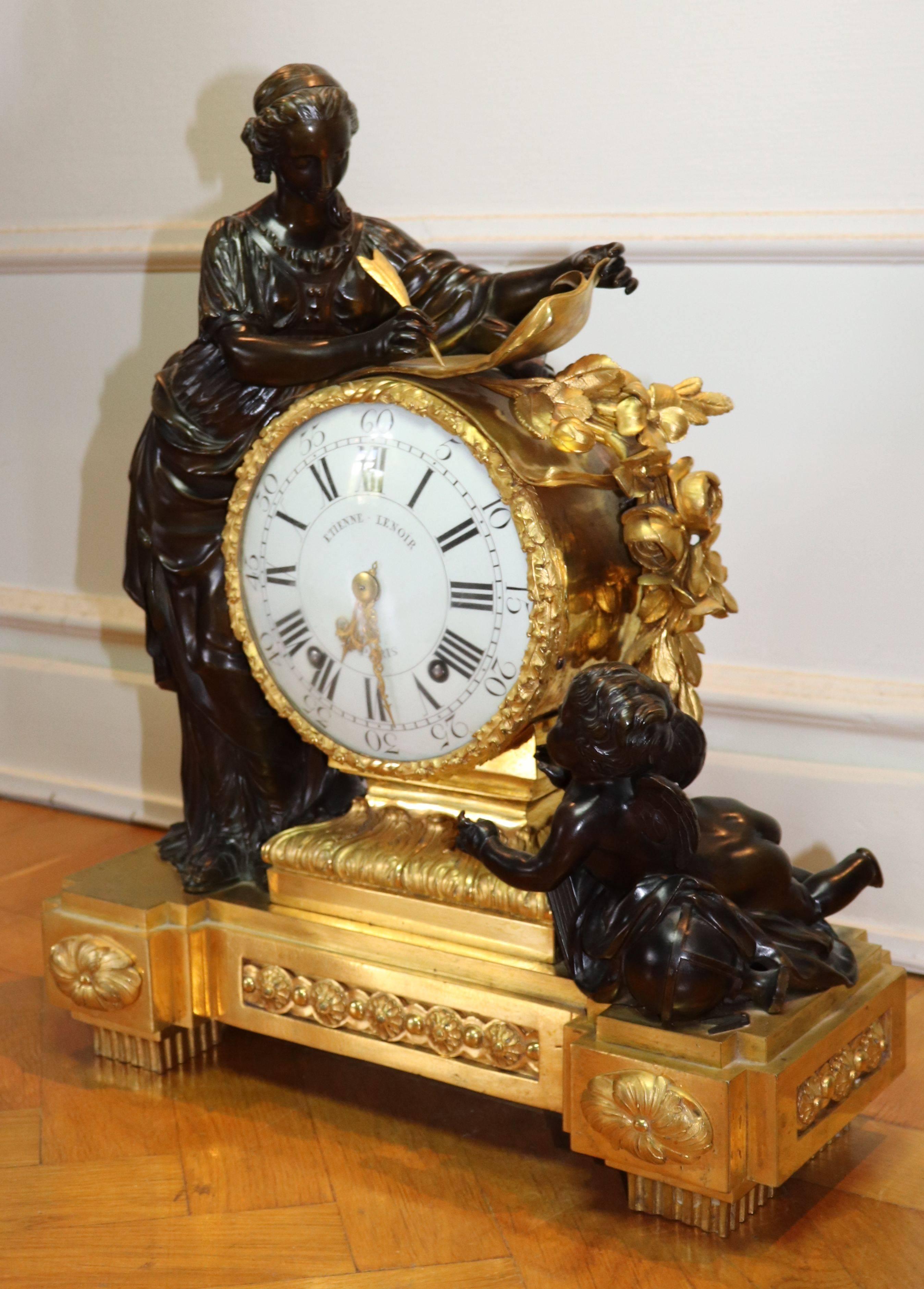 A Louis XVI gilt bronze and patinated mantel clock, case signed Morley movement signed by Etienne Lenoir dial also signed Etienne Lenoir,
see images.
An identical is located at royal collection in Stockholm/Sweden.