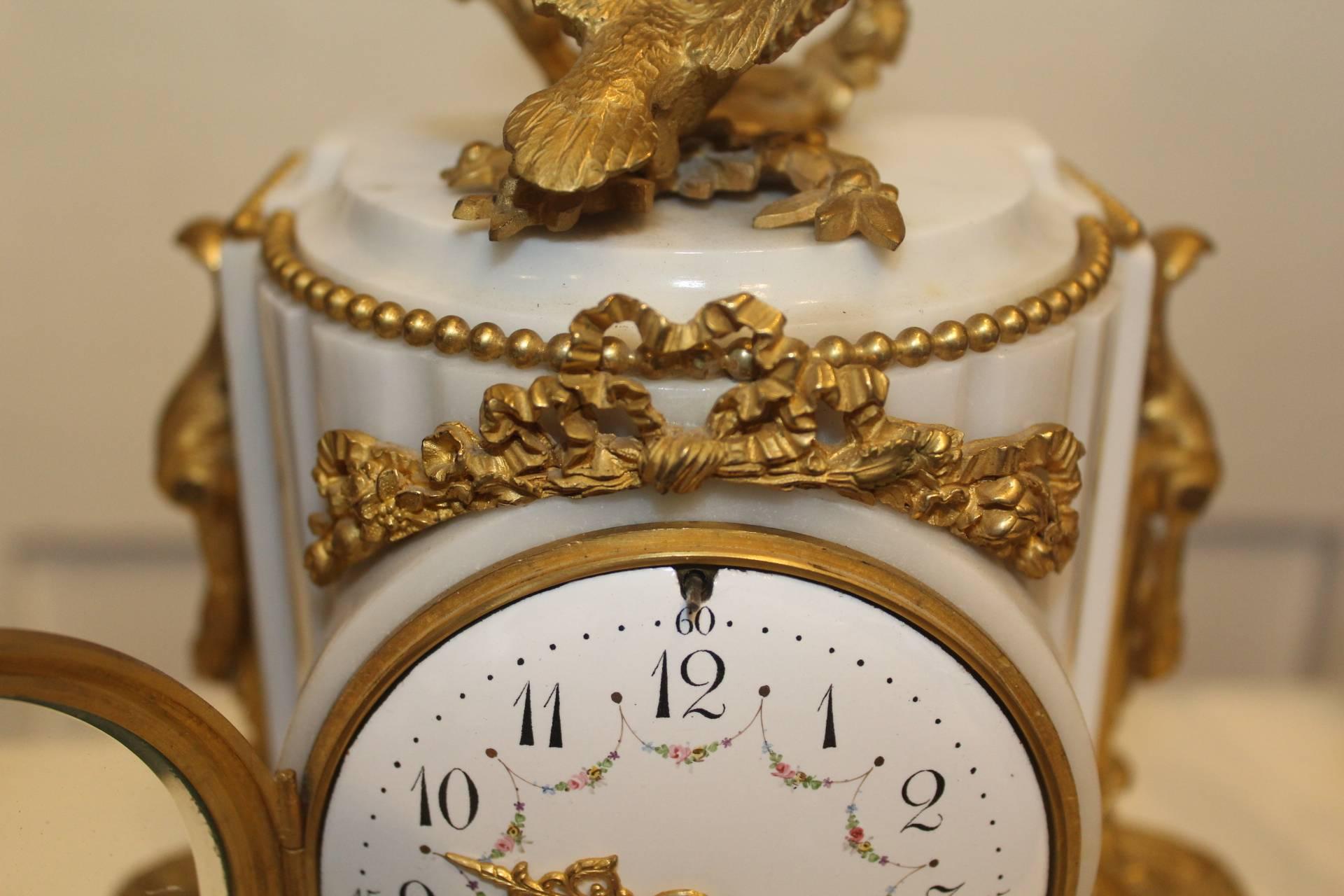 French Early 20th Century White Marble Clock Garniture For Sale