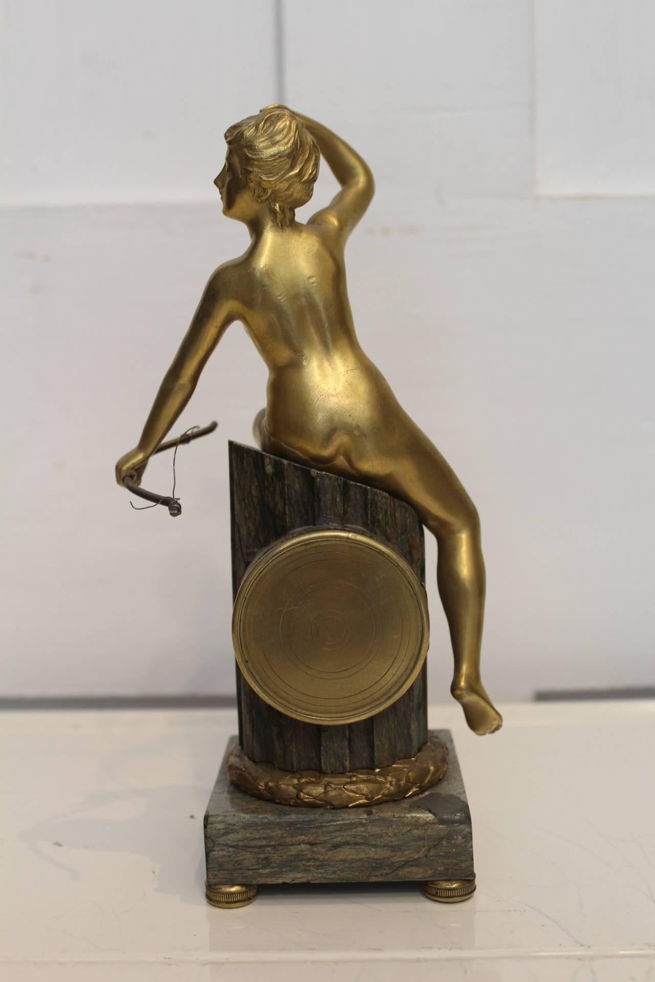 Early 20th Century Miniature Clock Featuring Diana the Huntress In Excellent Condition For Sale In Dublin, IE