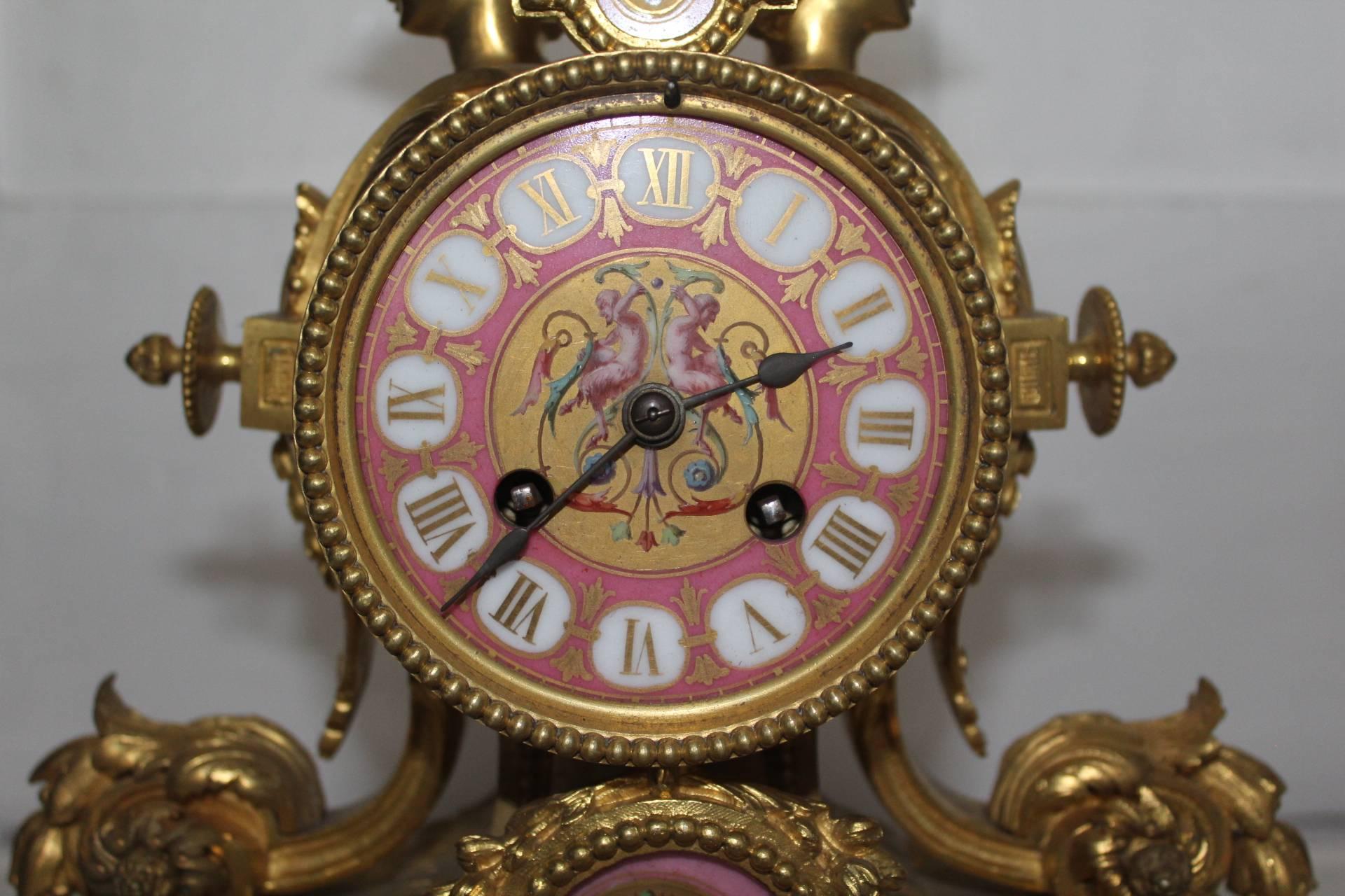 French, Ormolu and Pink Painted Panels Mantel Clock. Circa 1875.

Another wonderful French mantel clock with painted pink panels. The dial displaying roman numerals, spade hands and a painted centre with mythical creatures seated on beautiful