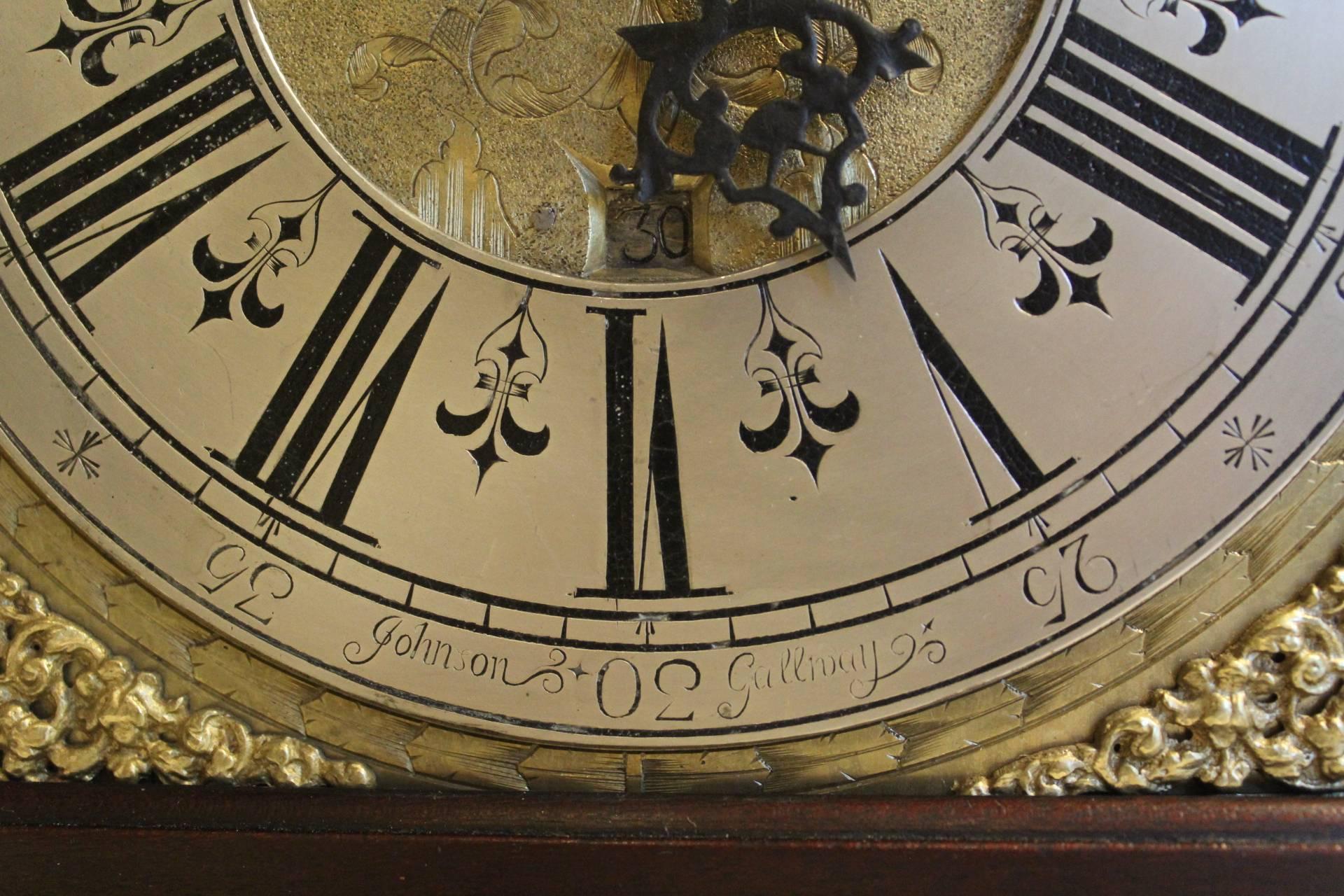 A superb rare Irish bracket clock by Johnson of Gallway, circa 1730.

It is hard to know where to start with this stunning piece of Irish history. A beautiful brass and silvered arch dial has a lunar calendar, phase of the moon and is housed in a