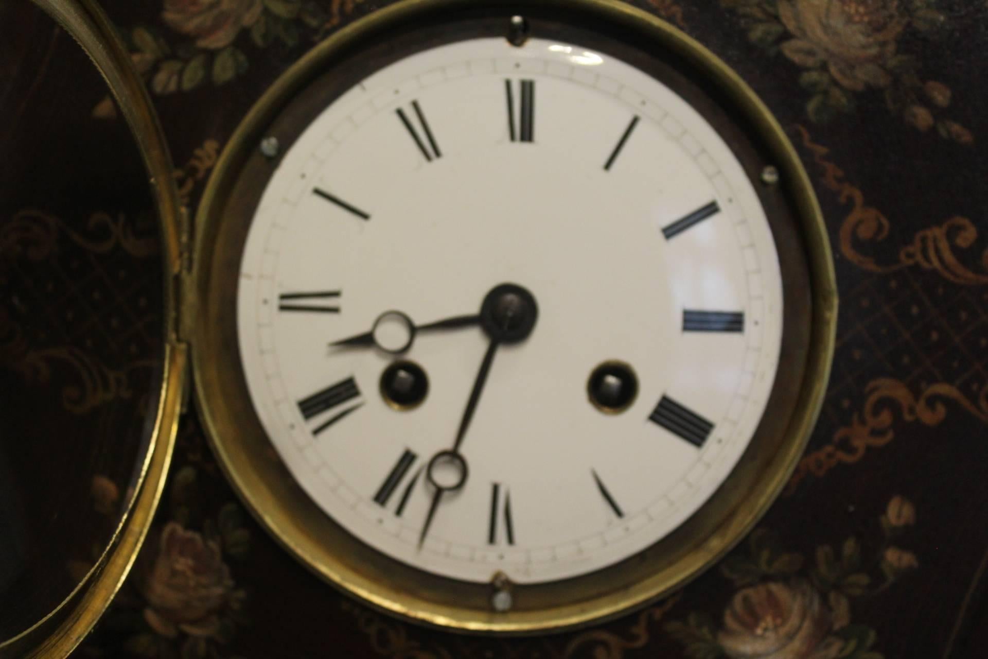 Hand-Painted Mid-Century French Toleware Clock by Petit, Paris.  Circa 1850. For Sale