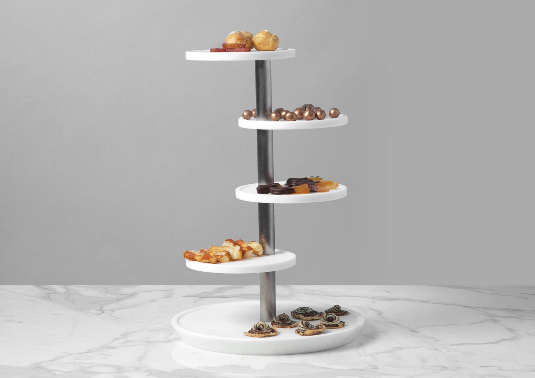 Magical and elegant appetizers or dessert tray. Five tiers with smooth and welcoming surfaces accommodate amuse-bouche and small delights. PRE will define aperitifs and banquets. Size: 30*44 cm, smooth finishing. Commercial name: PRE, Magnolia Table