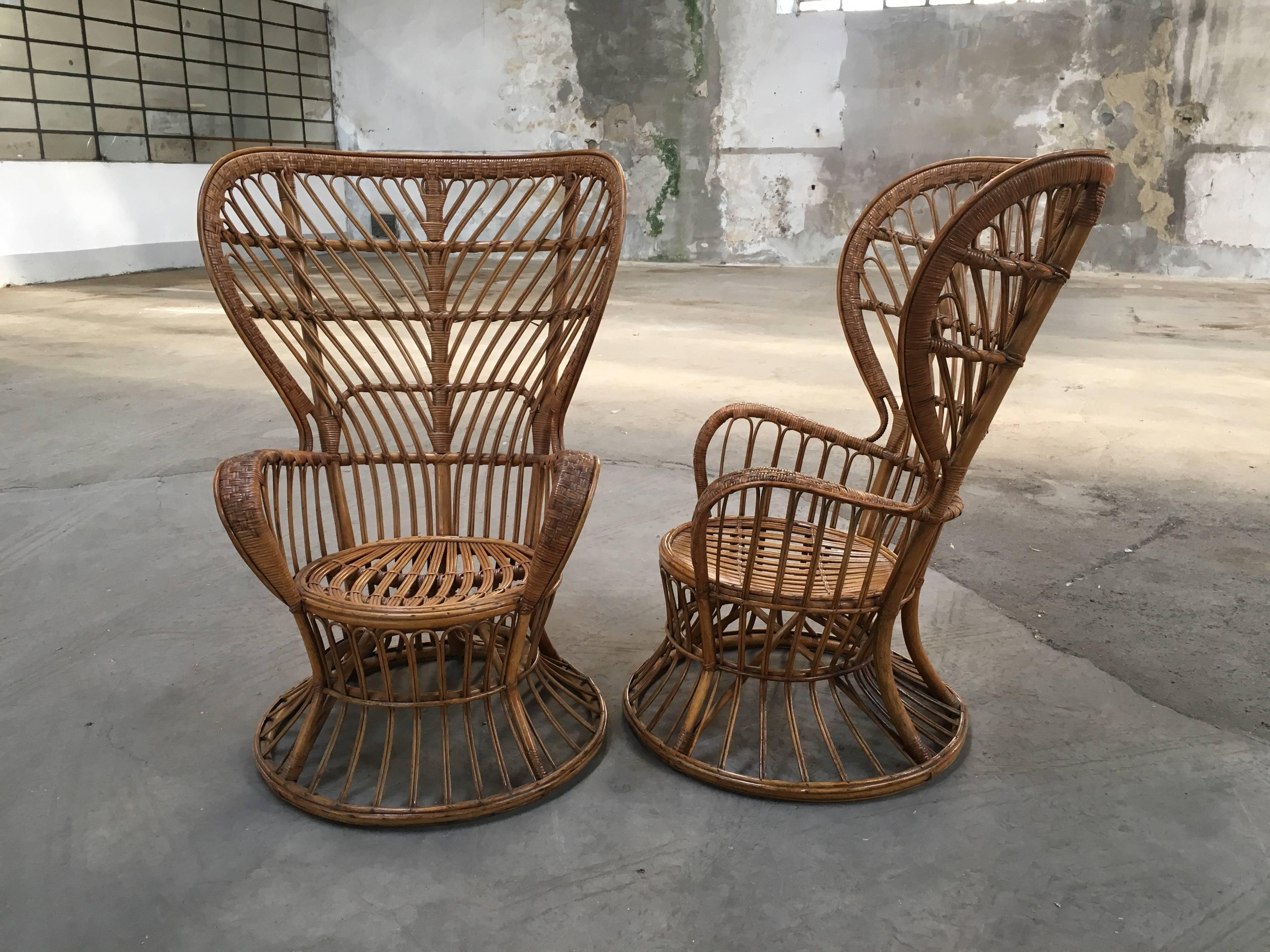 Pair of Italian rattan chairs from 1940s designed by Lio Carminati, edited by Bonacina.
Saleable separately, on demand.