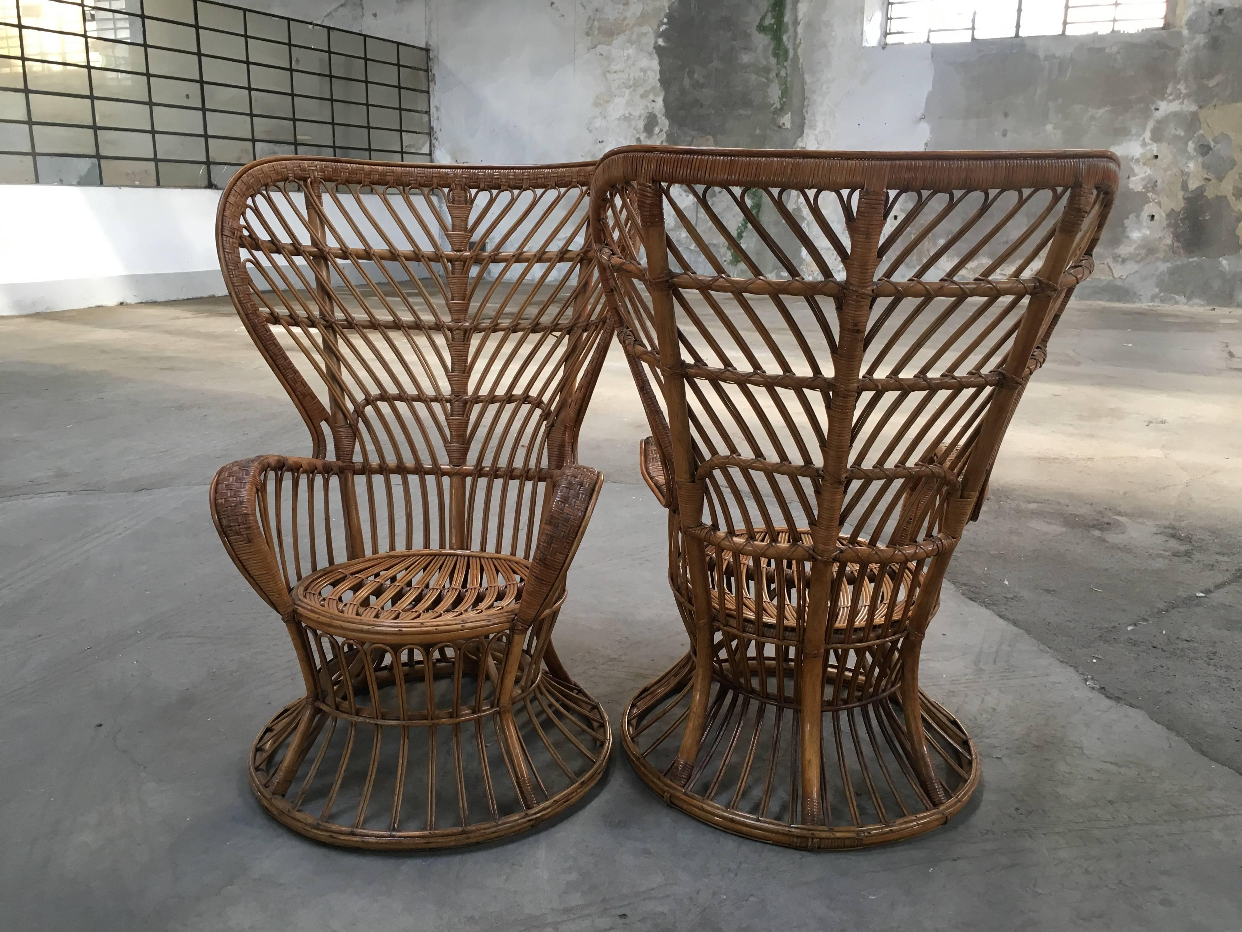 Mid-Century Modern Pair of Italian Rattan Chairs from 1940s by Lio Carminati for Bonacina