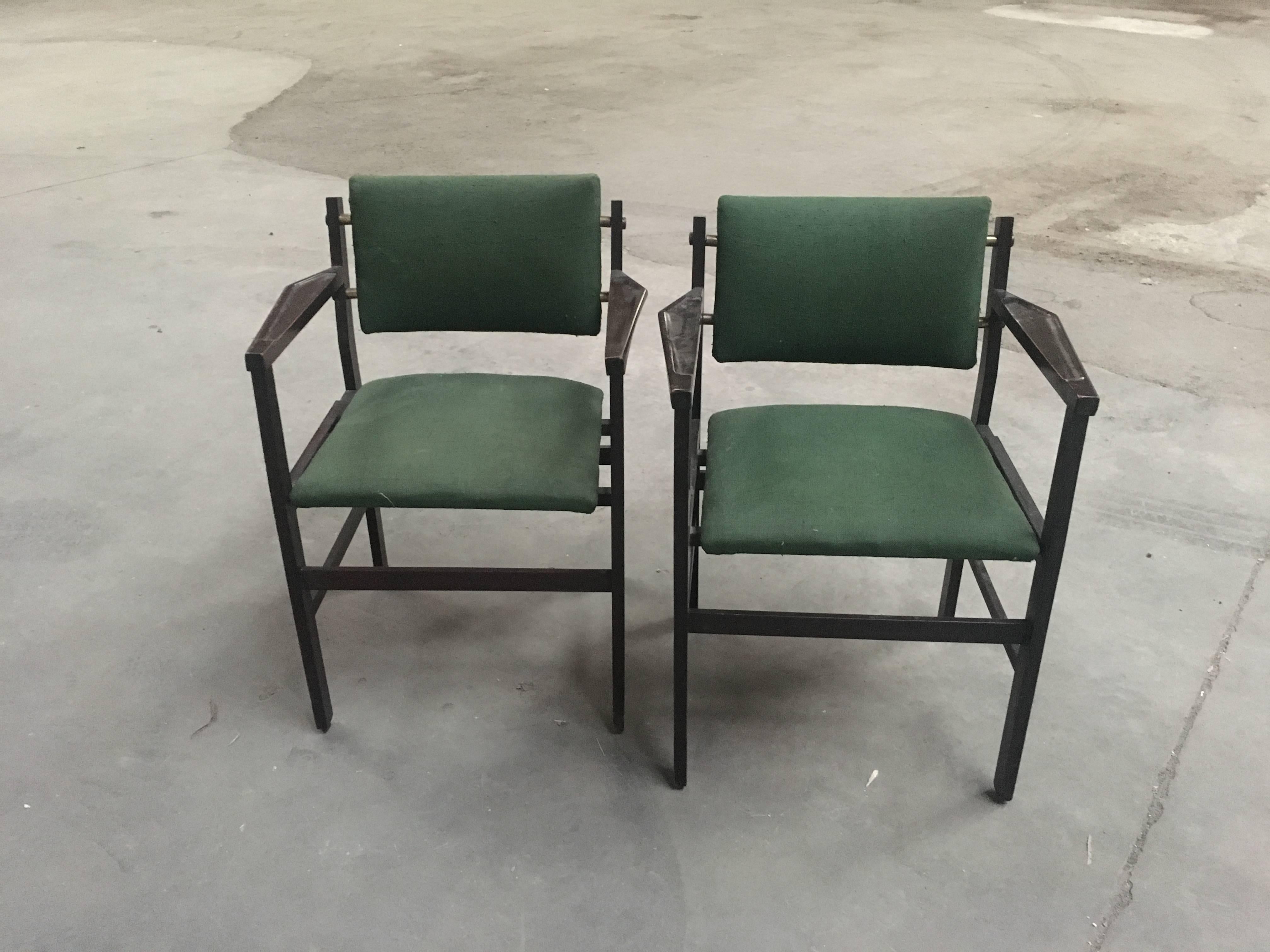 Pair of Italian chairs with original green fabric from 1960s.