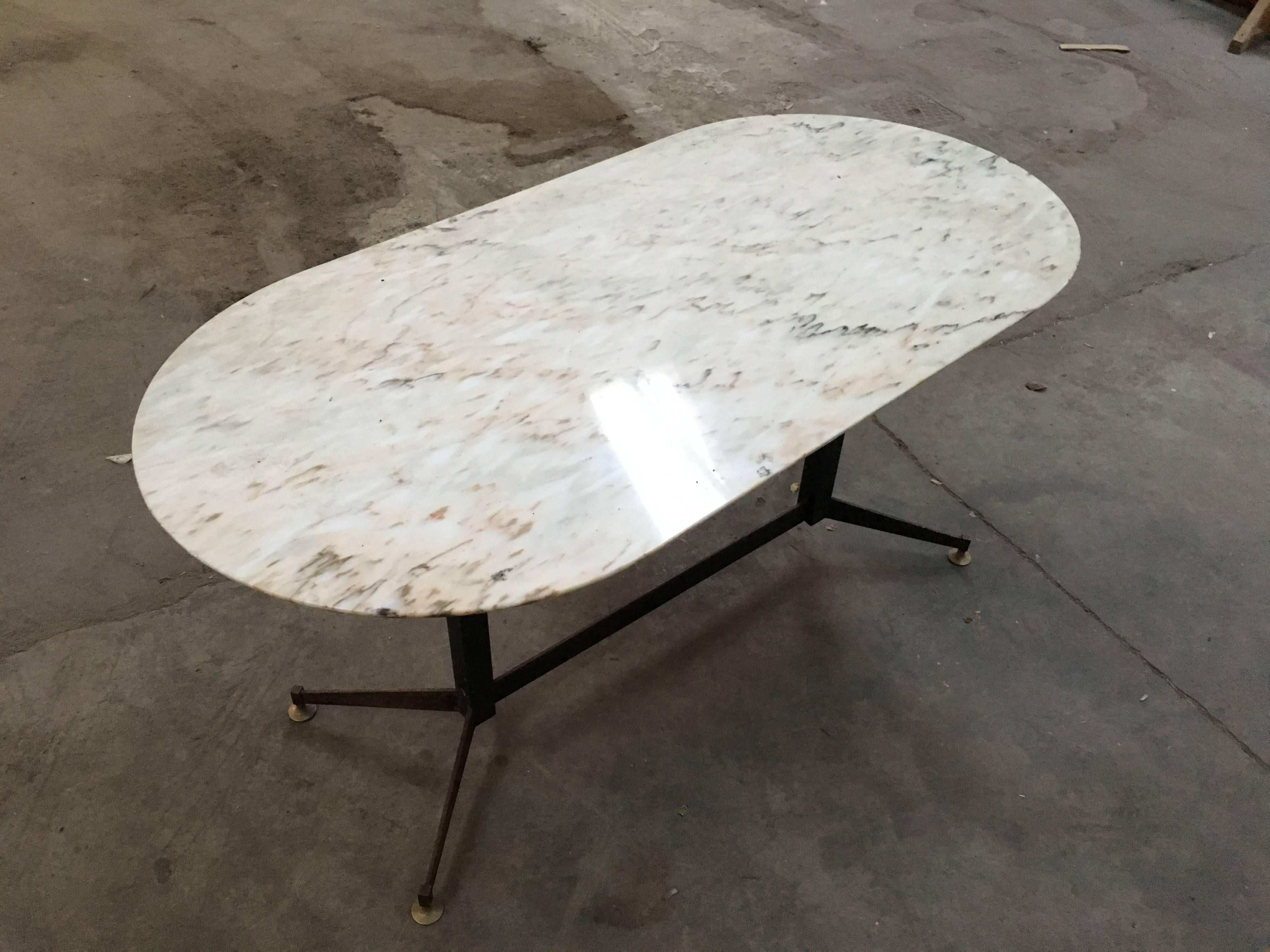 Mid-Century Modern Italian Table Iron and Brass Base with Oval Marble Top from 1960s