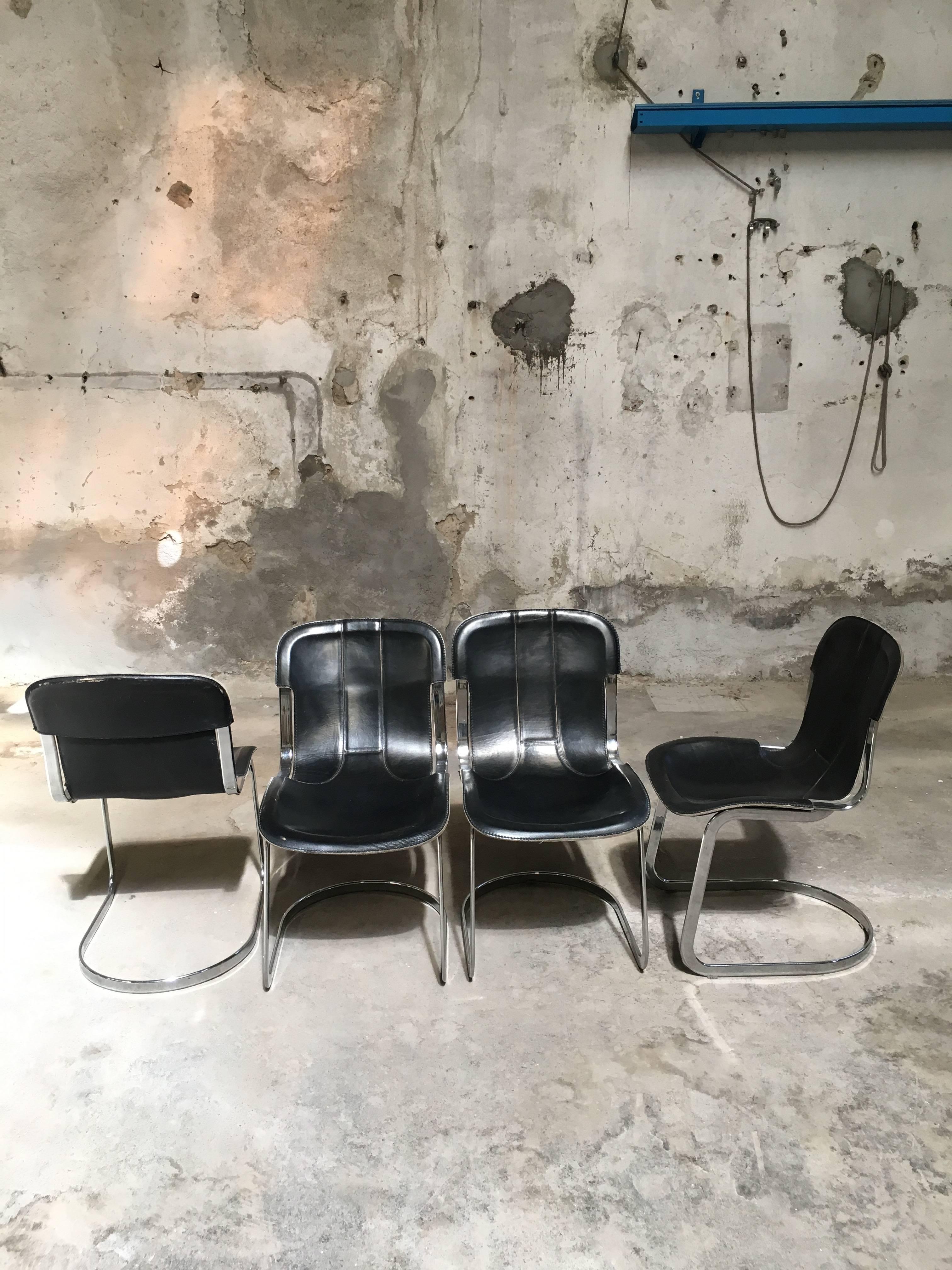 Mid-Century Modern Four Italian Chairs with Original Black Leather Seat by Willy Rizzo for Cidue