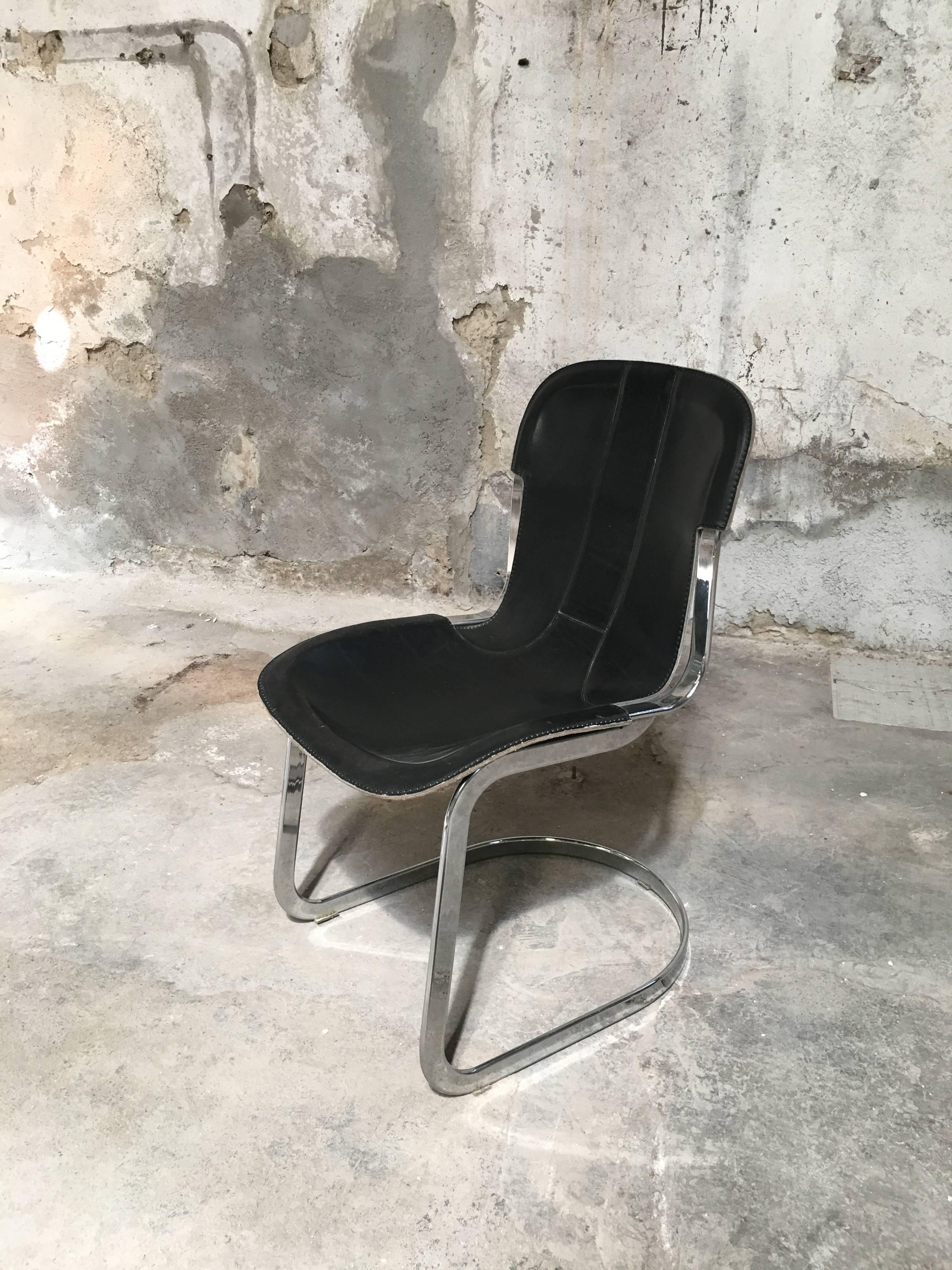 Steel Four Italian Chairs with Original Black Leather Seat by Willy Rizzo for Cidue