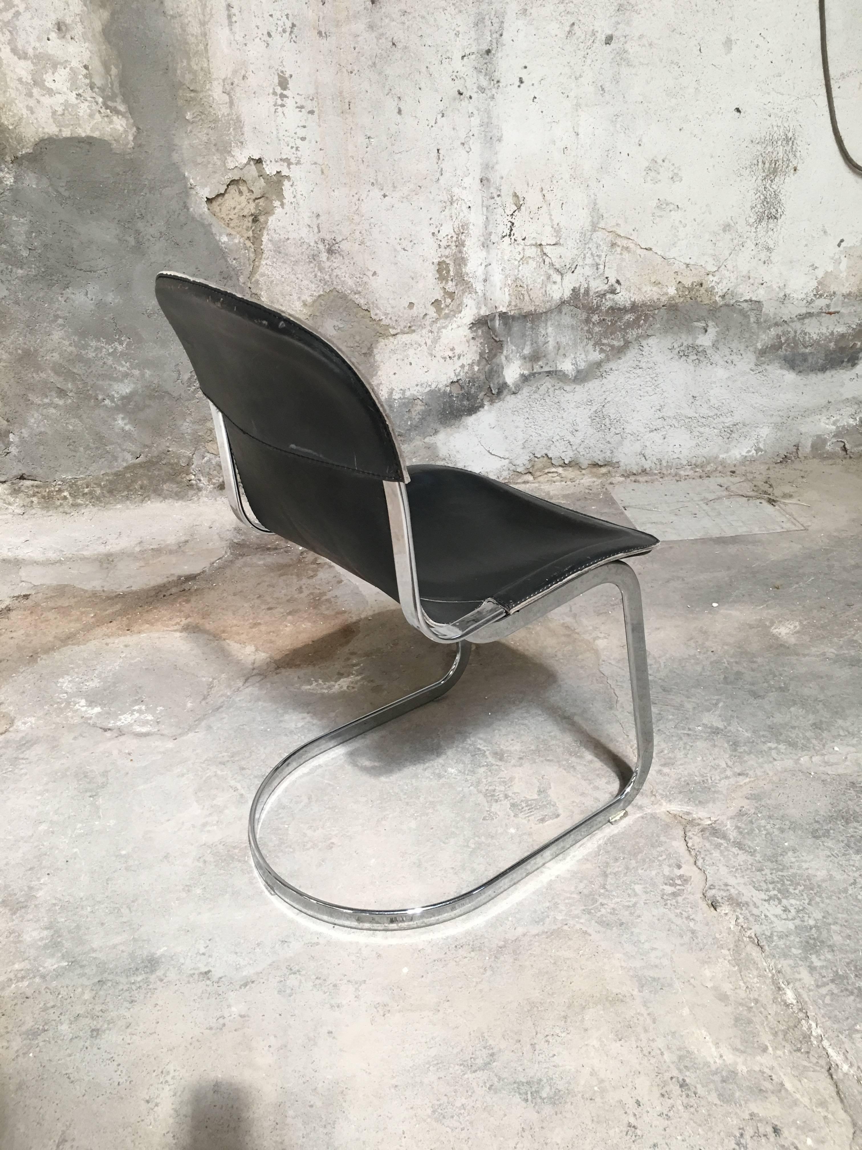 Four Italian Chairs with Original Black Leather Seat by Willy Rizzo for Cidue 1