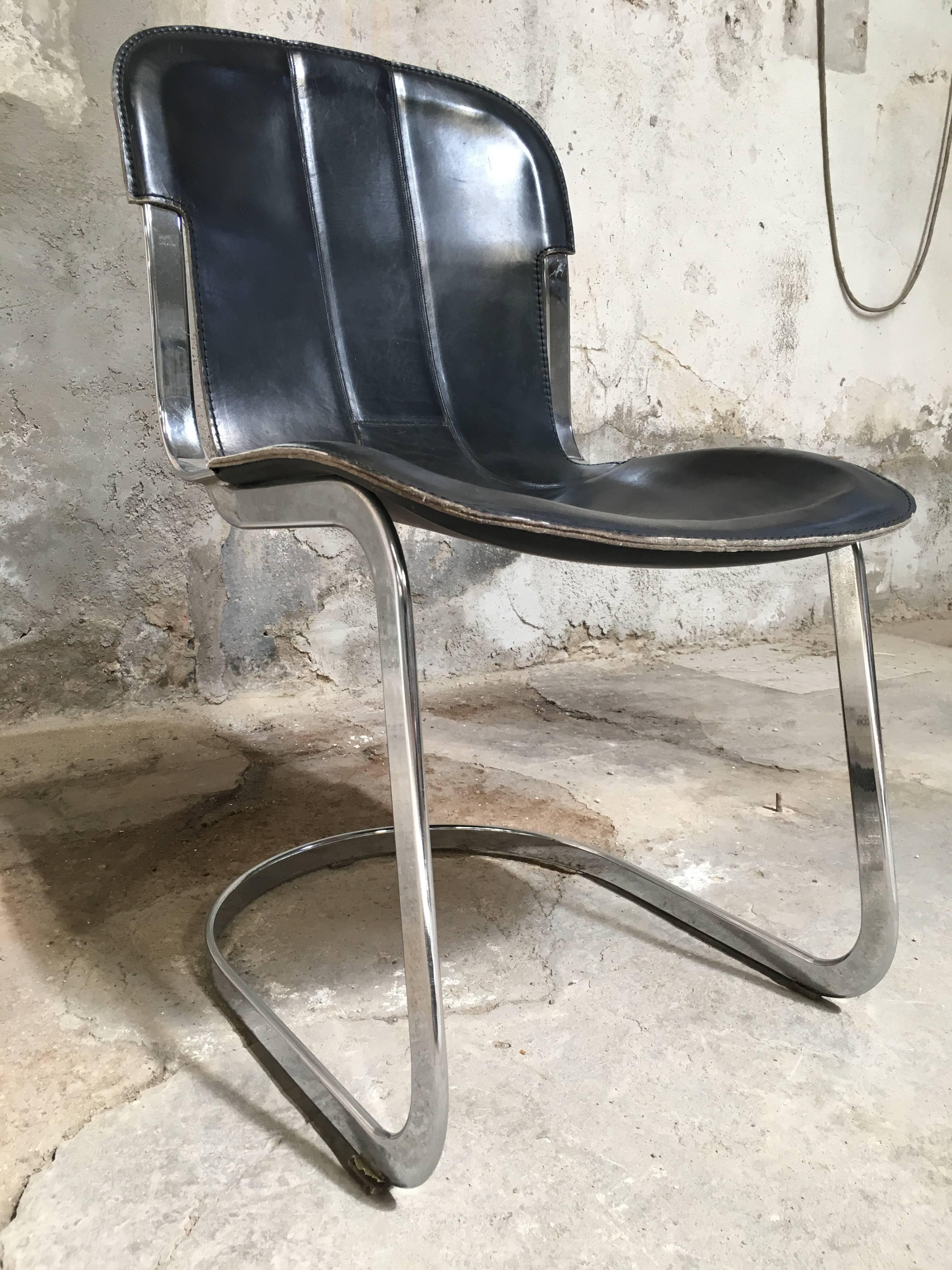 Four Italian Chairs with Original Black Leather Seat by Willy Rizzo for Cidue 3