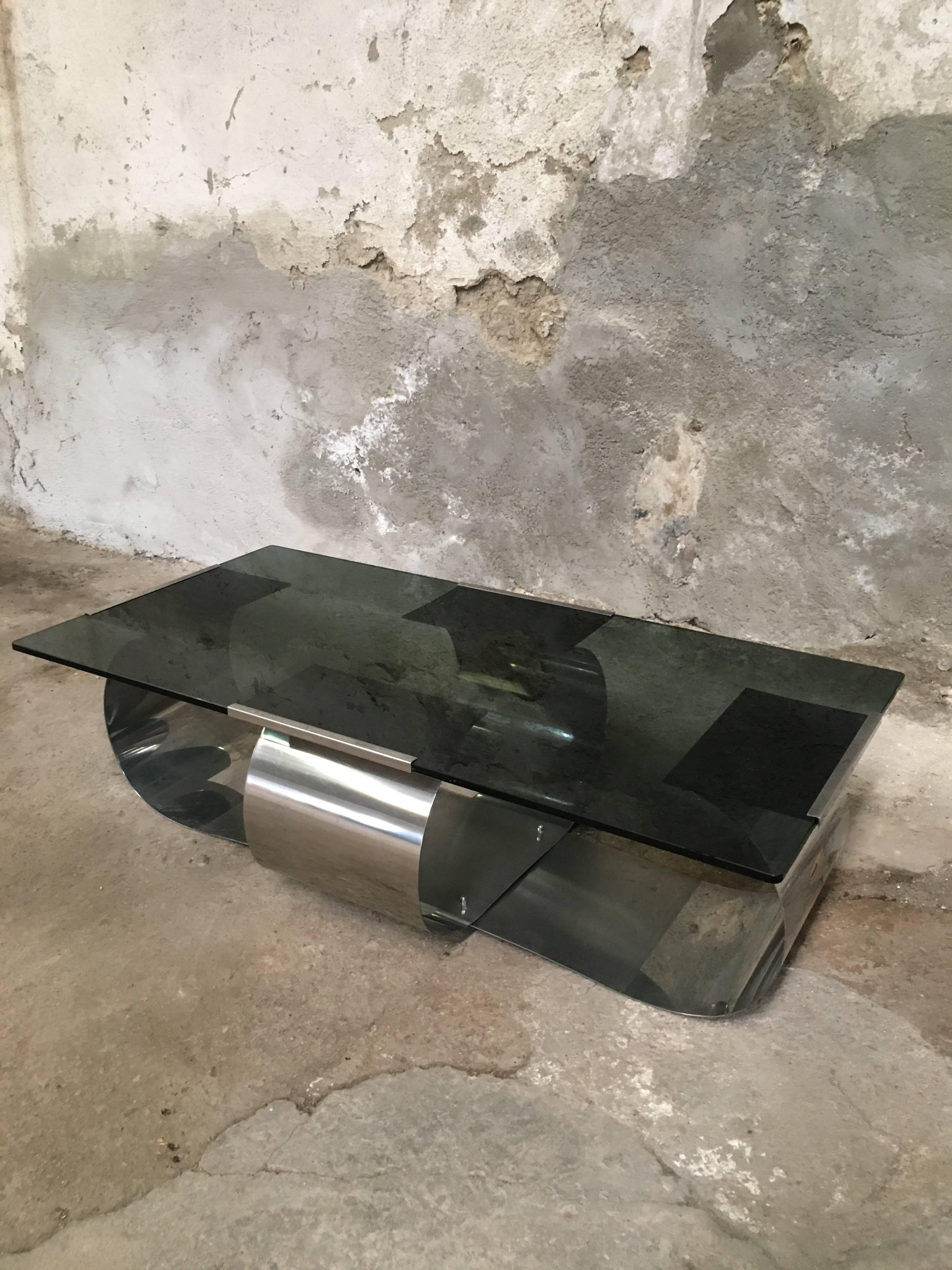 Coffee table in stainless steel and smoked glass by Francois Monnet for Kappa
France, circa 1970.