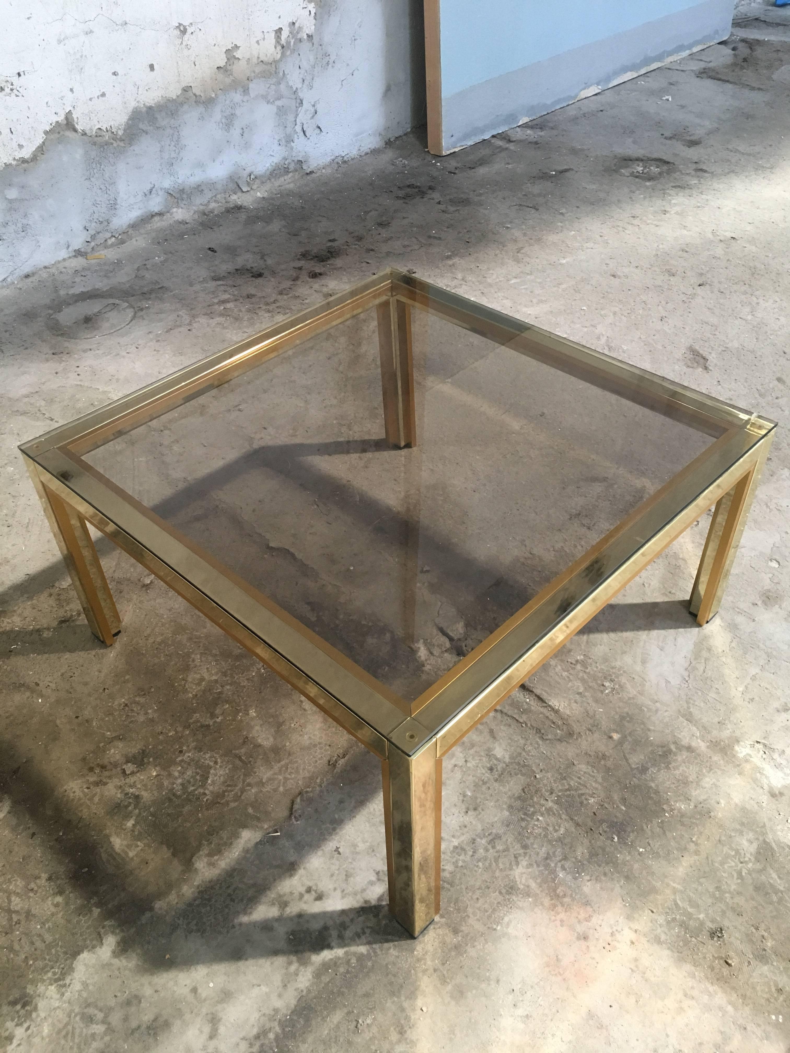 Mid-Century Modern Italian 1970s Brass and Metal Side or Coffee Table with Smoked Glass Top