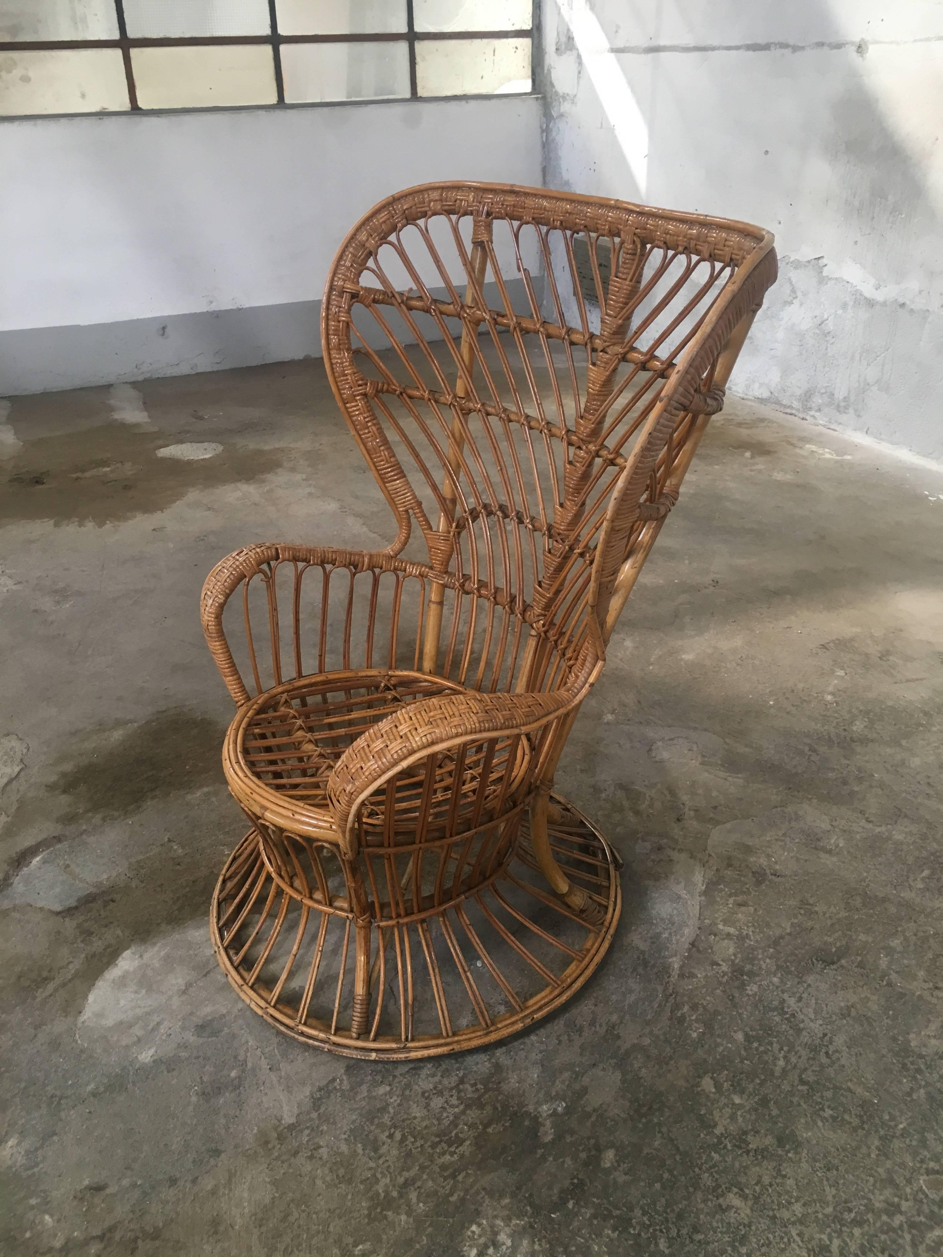 Mid-Century Modern Rattan Chair Designed by Lio Carminati, Edited by Bonacina, Italy, 1940s