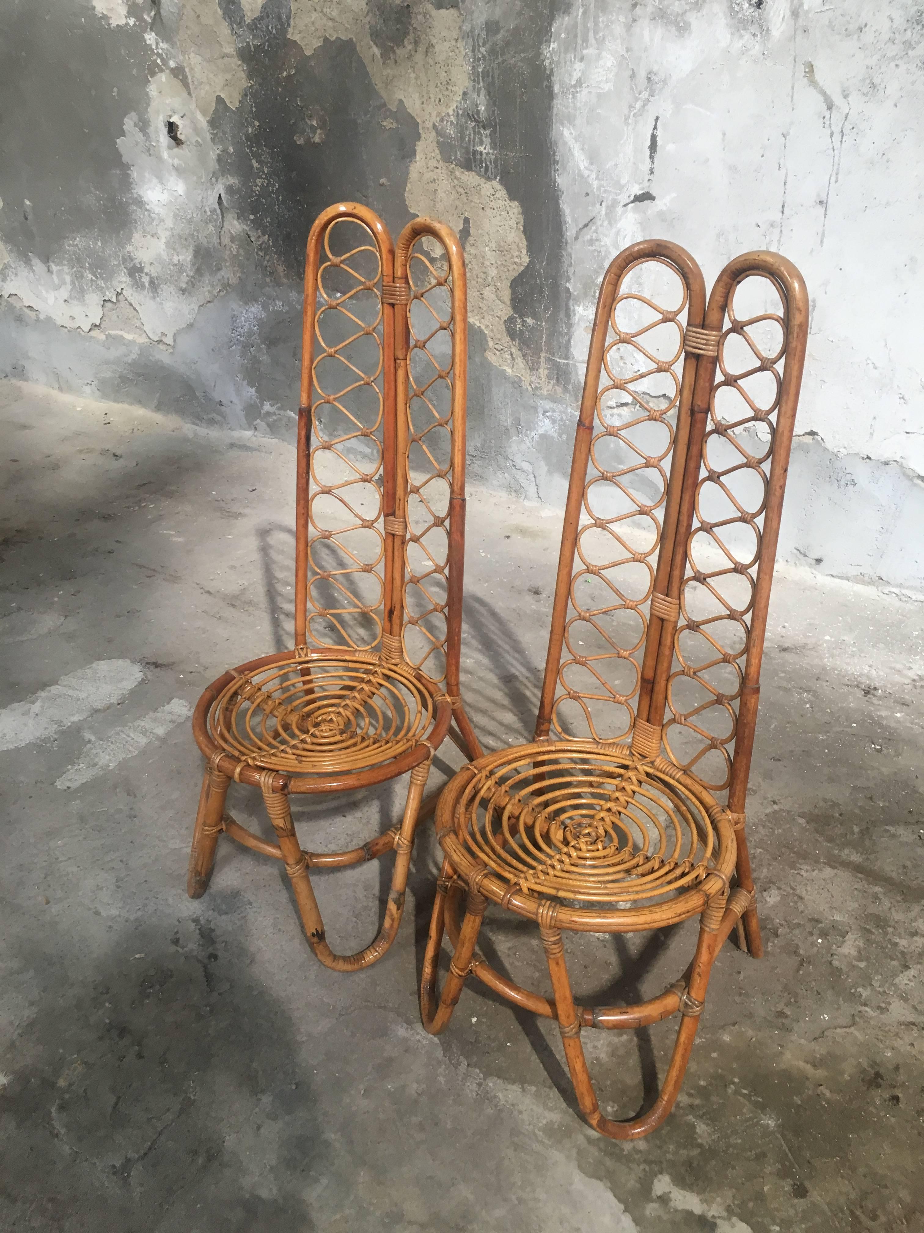 Set of two French Riviera midcentury bamboo chairs with double high back,
France, 1970s.