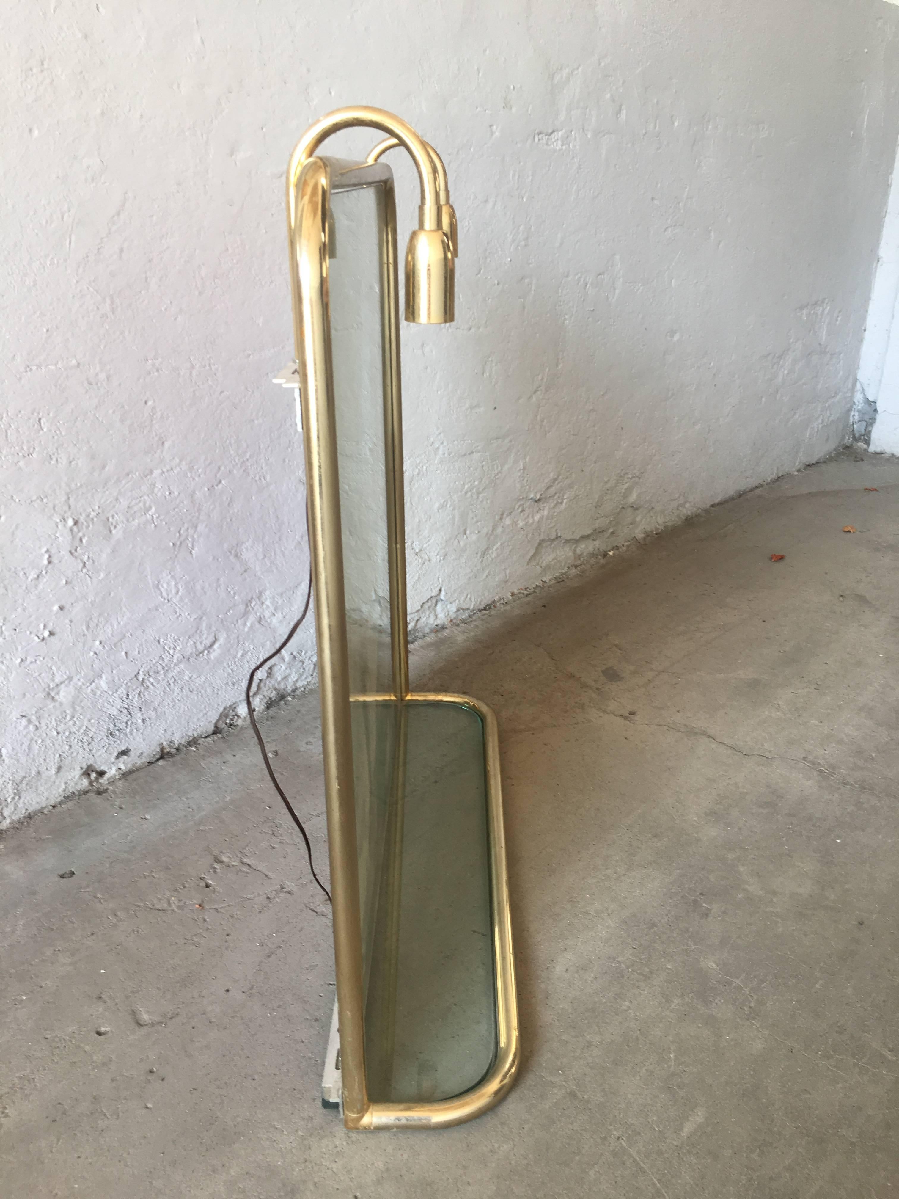 Late 20th Century French Brass Metal Wall Lighted Mirror with Glass Shelf from 1970s