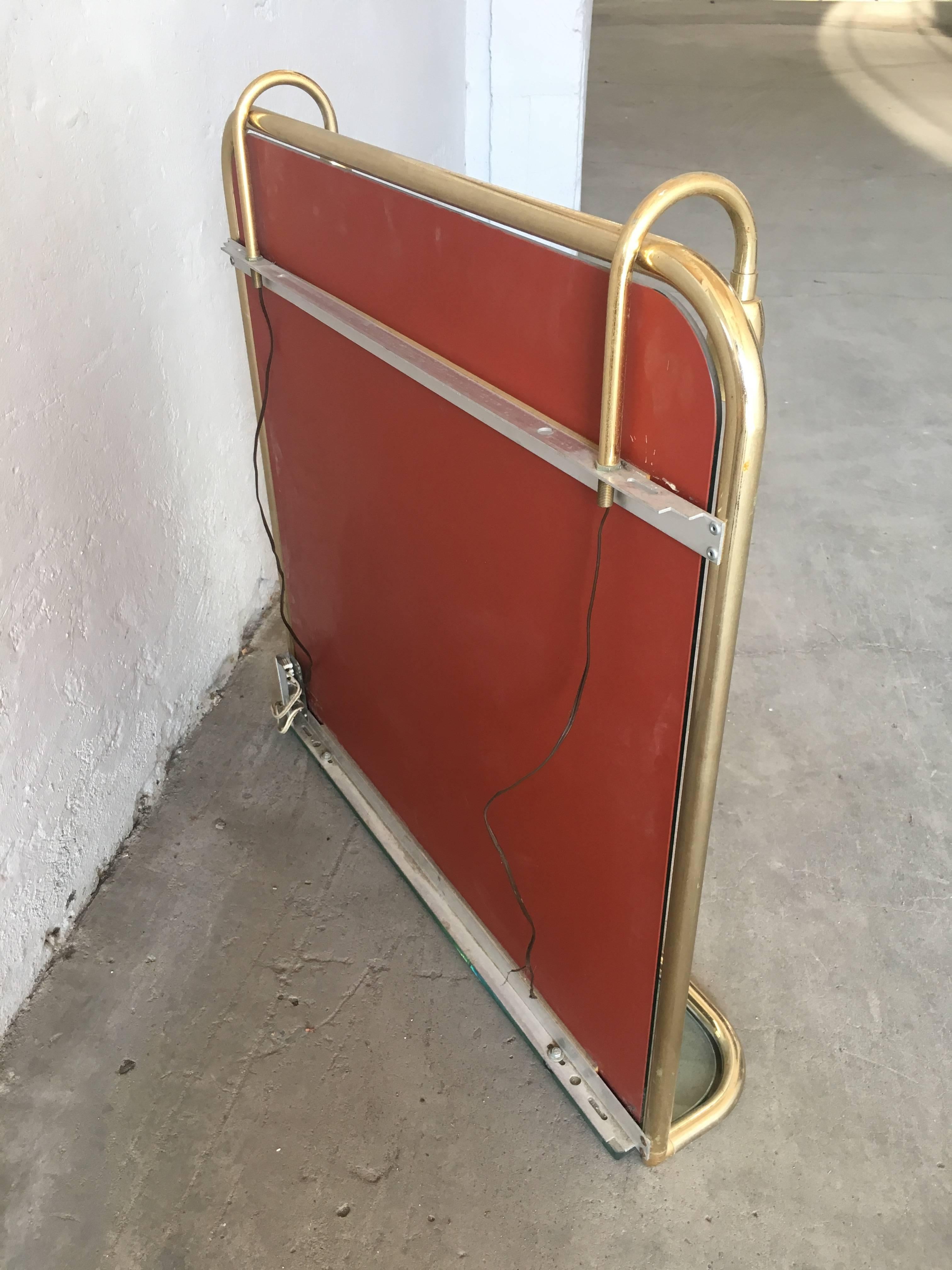 French Brass Metal Wall Lighted Mirror with Glass Shelf from 1970s 1