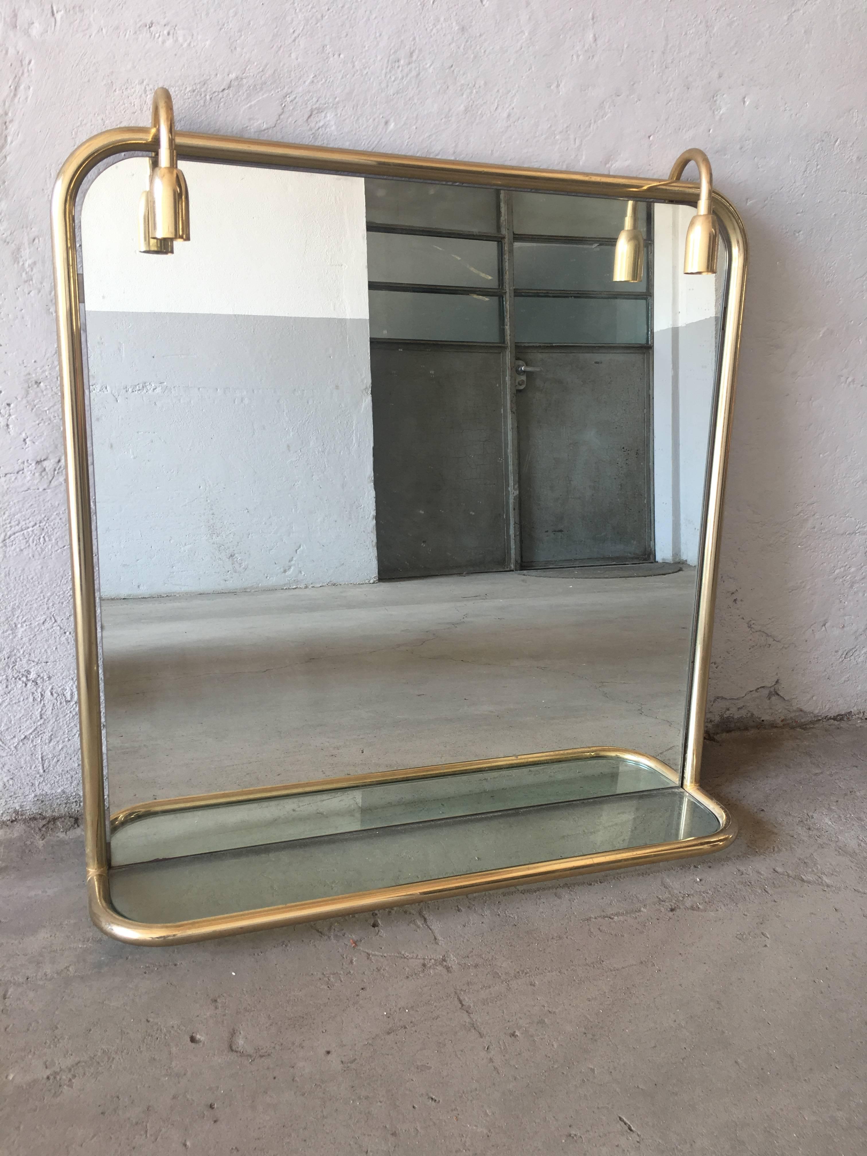 Mid-Century Modern French Brass Metal Wall Lighted Mirror with Glass Shelf from 1970s