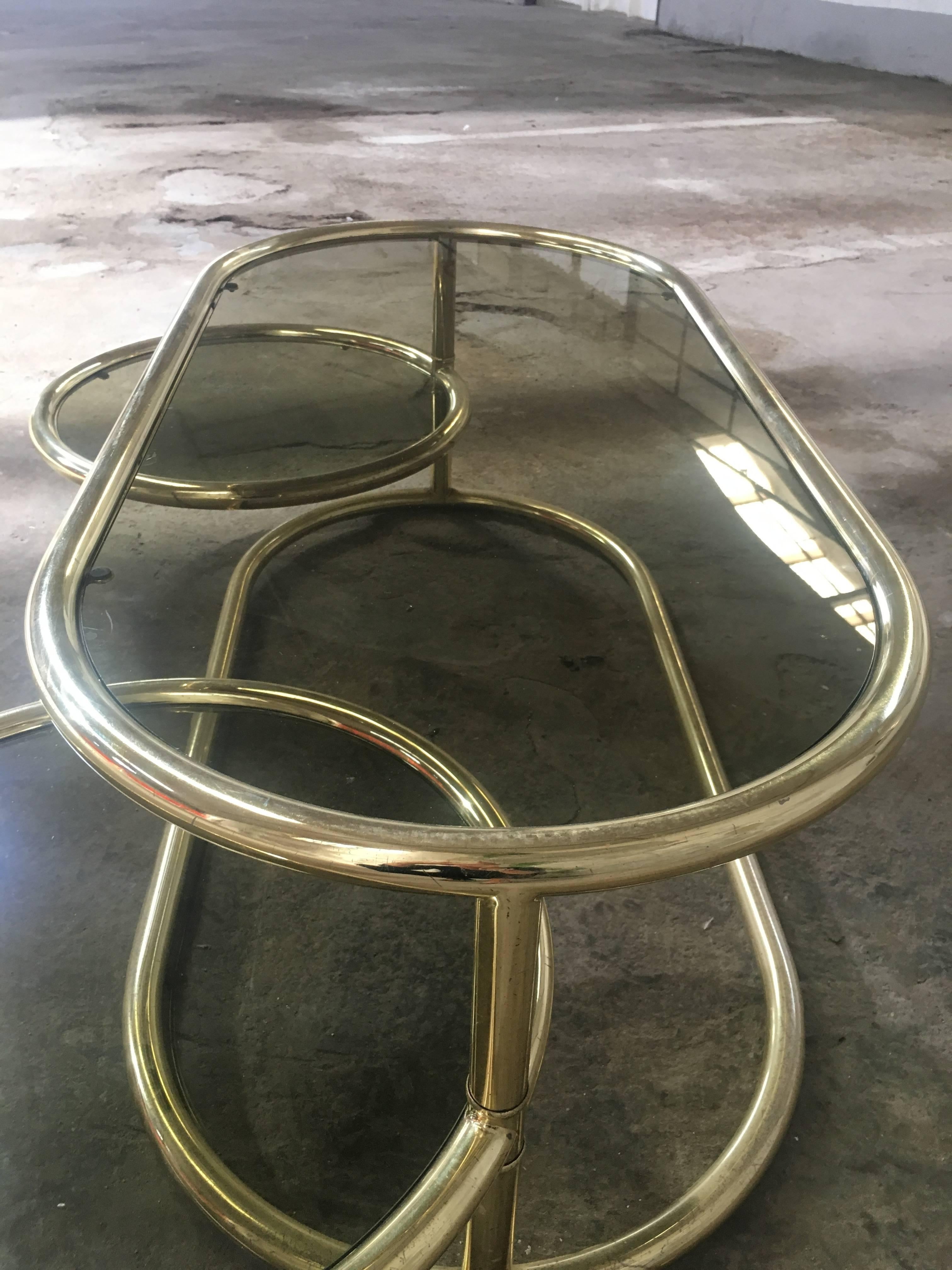 Italian Brass Metal Side Table from 1970s with Smoked Glass and Movable Shelves 2