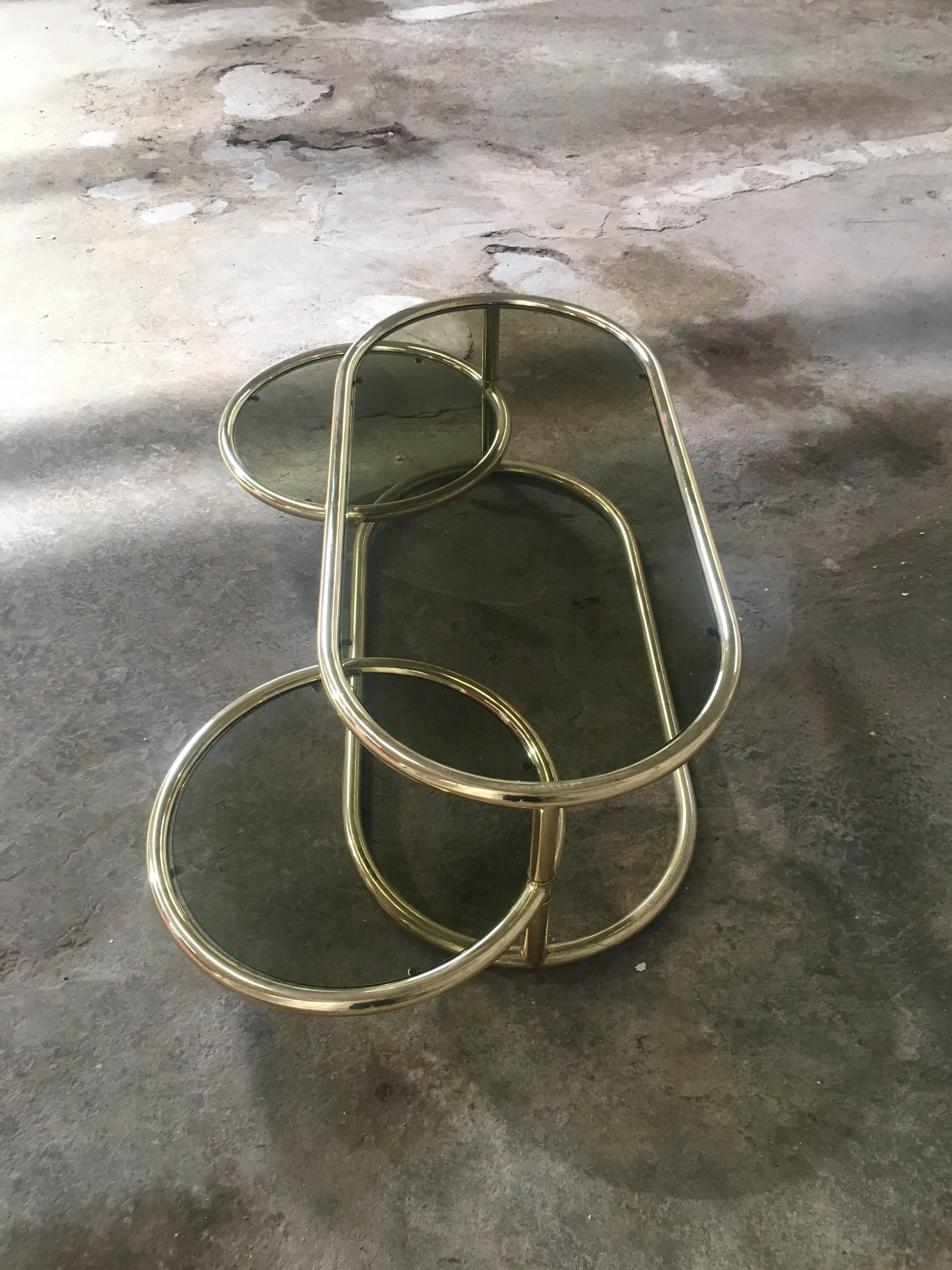 Late 20th Century Italian Brass Metal Side Table from 1970s with Smoked Glass and Movable Shelves