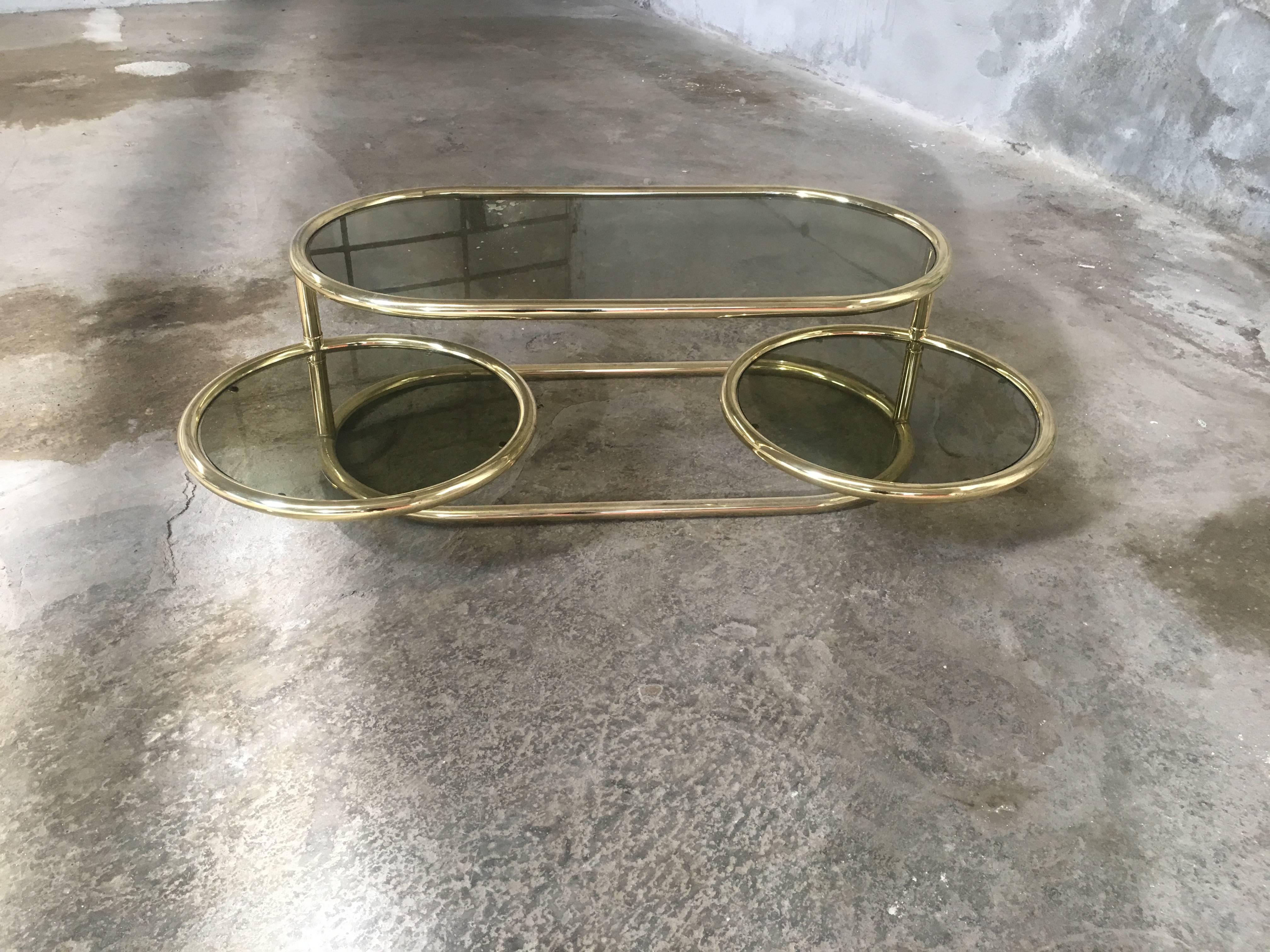 Mid-Century Modern Italian Brass Metal Side Table from 1970s with Smoked Glass and Movable Shelves