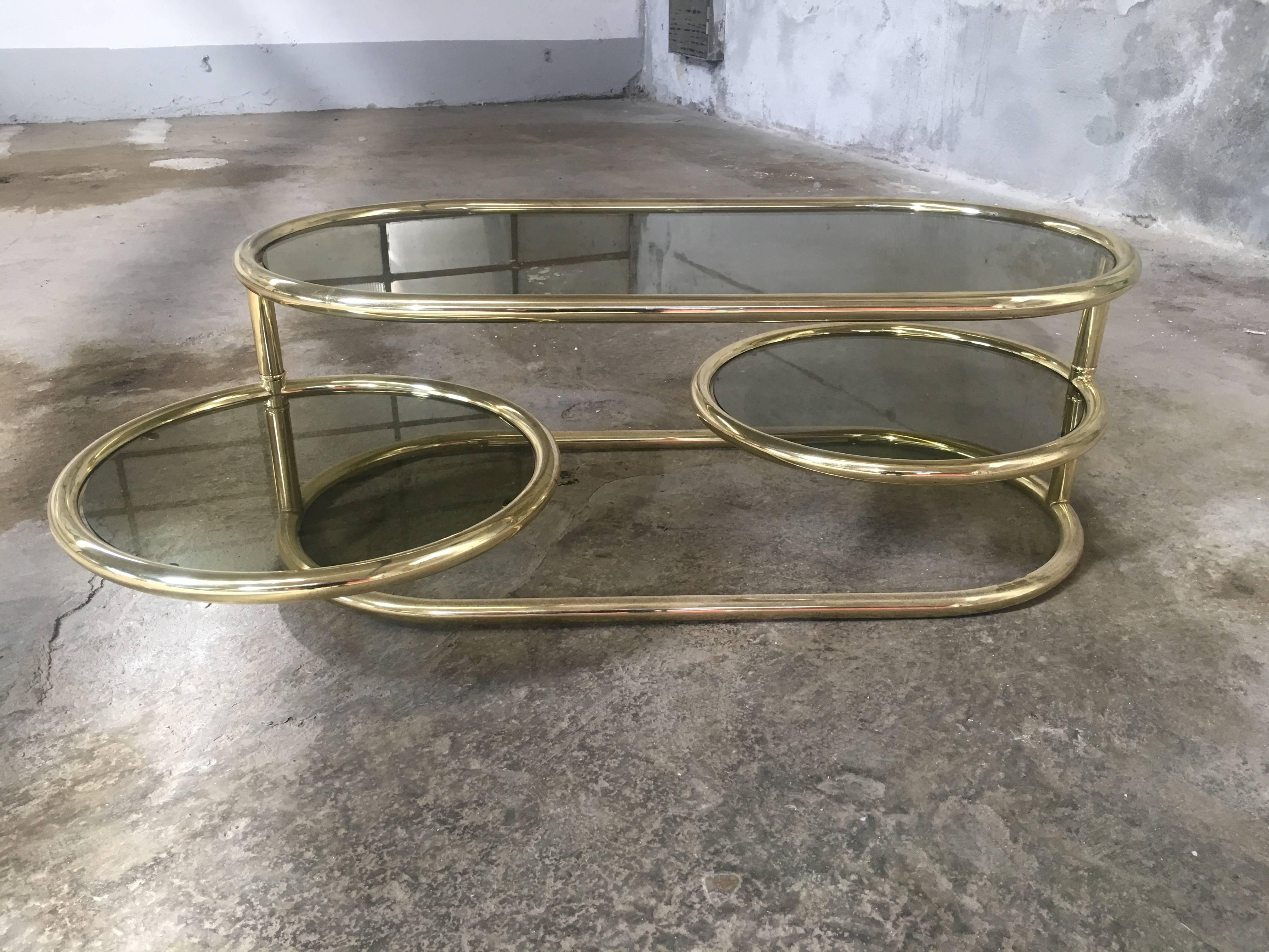 Gilt Italian Brass Metal Side Table from 1970s with Smoked Glass and Movable Shelves