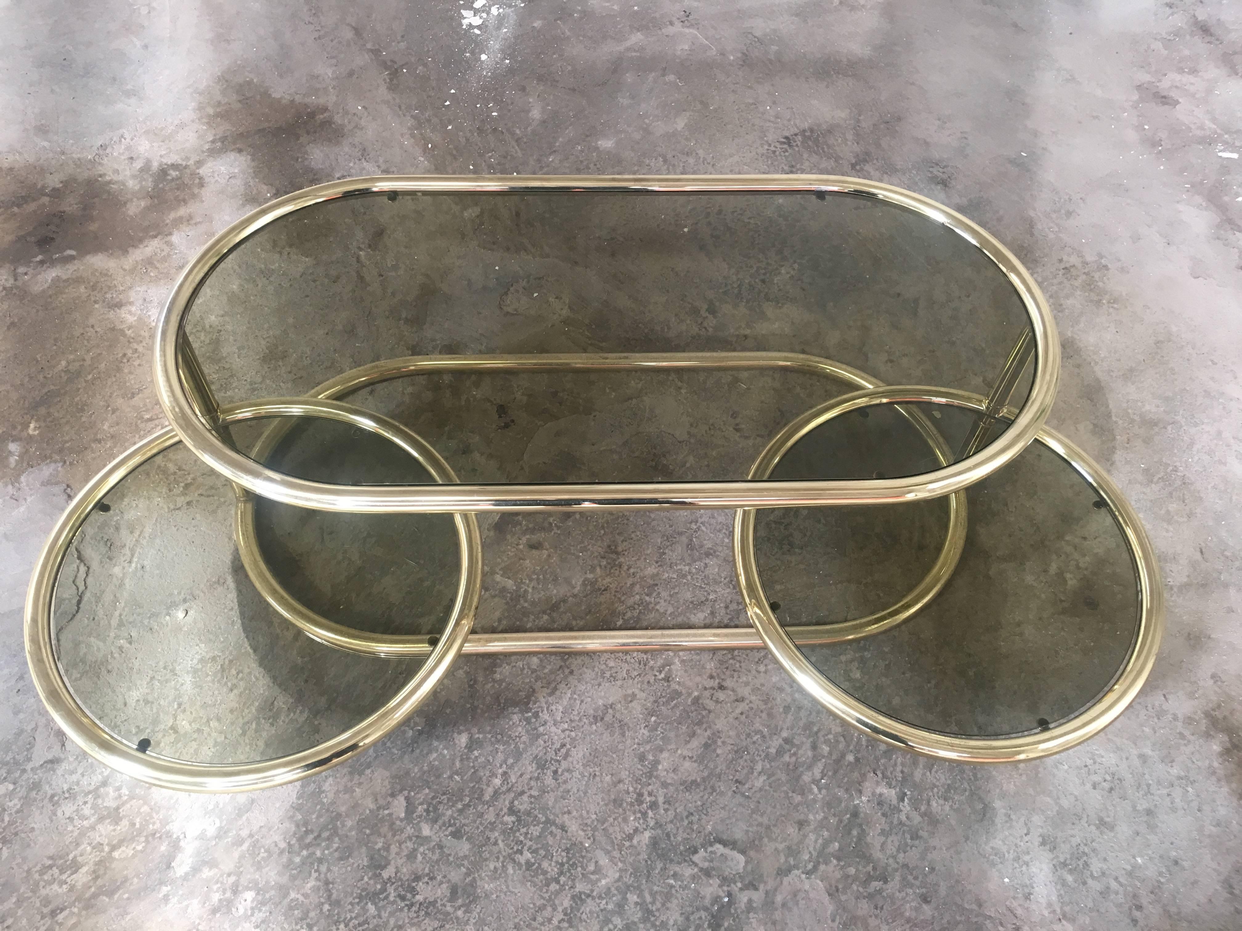 Italian Brass Metal Side Table from 1970s with Smoked Glass and Movable Shelves In Good Condition In Prato, IT