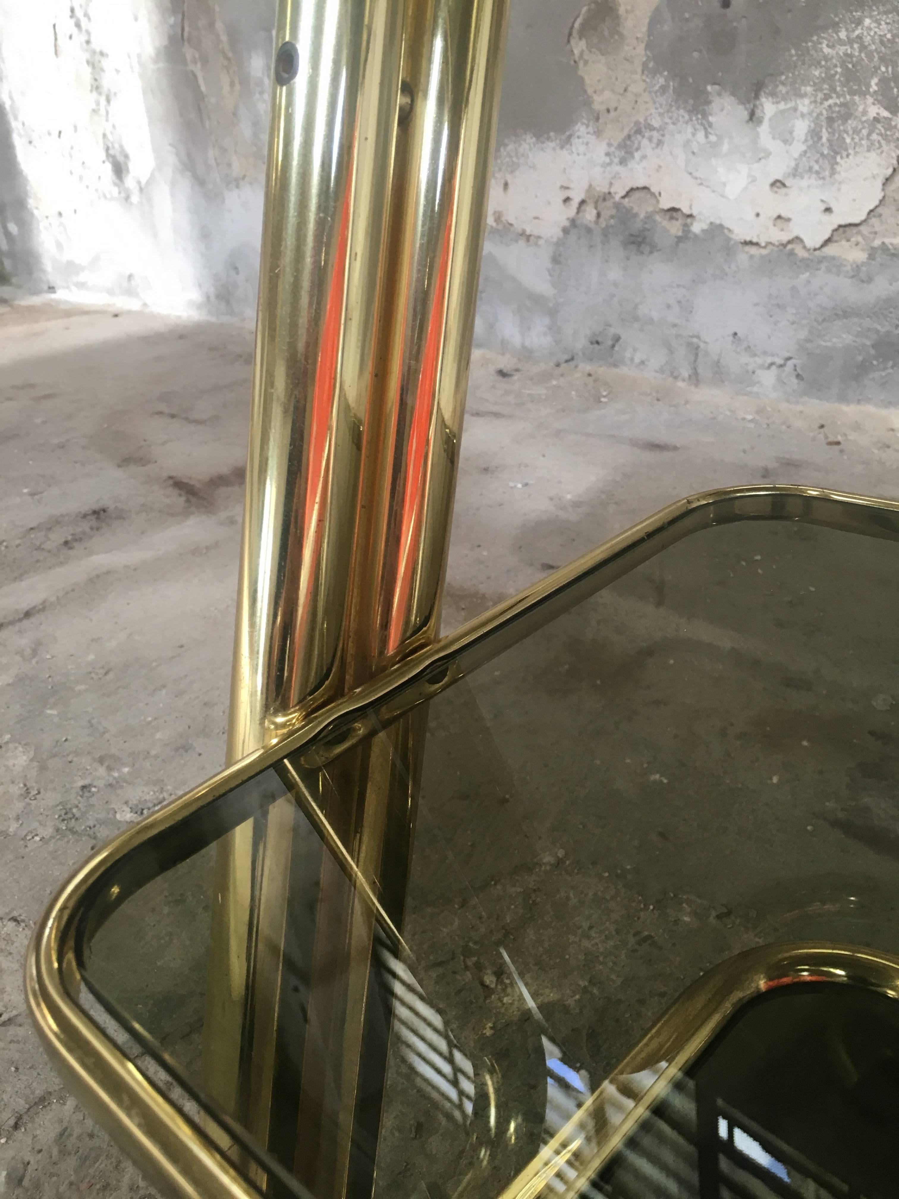 Midcentury Italian Brass Metal Bar Cart with Smoked Glass Shelves from 1970s 4