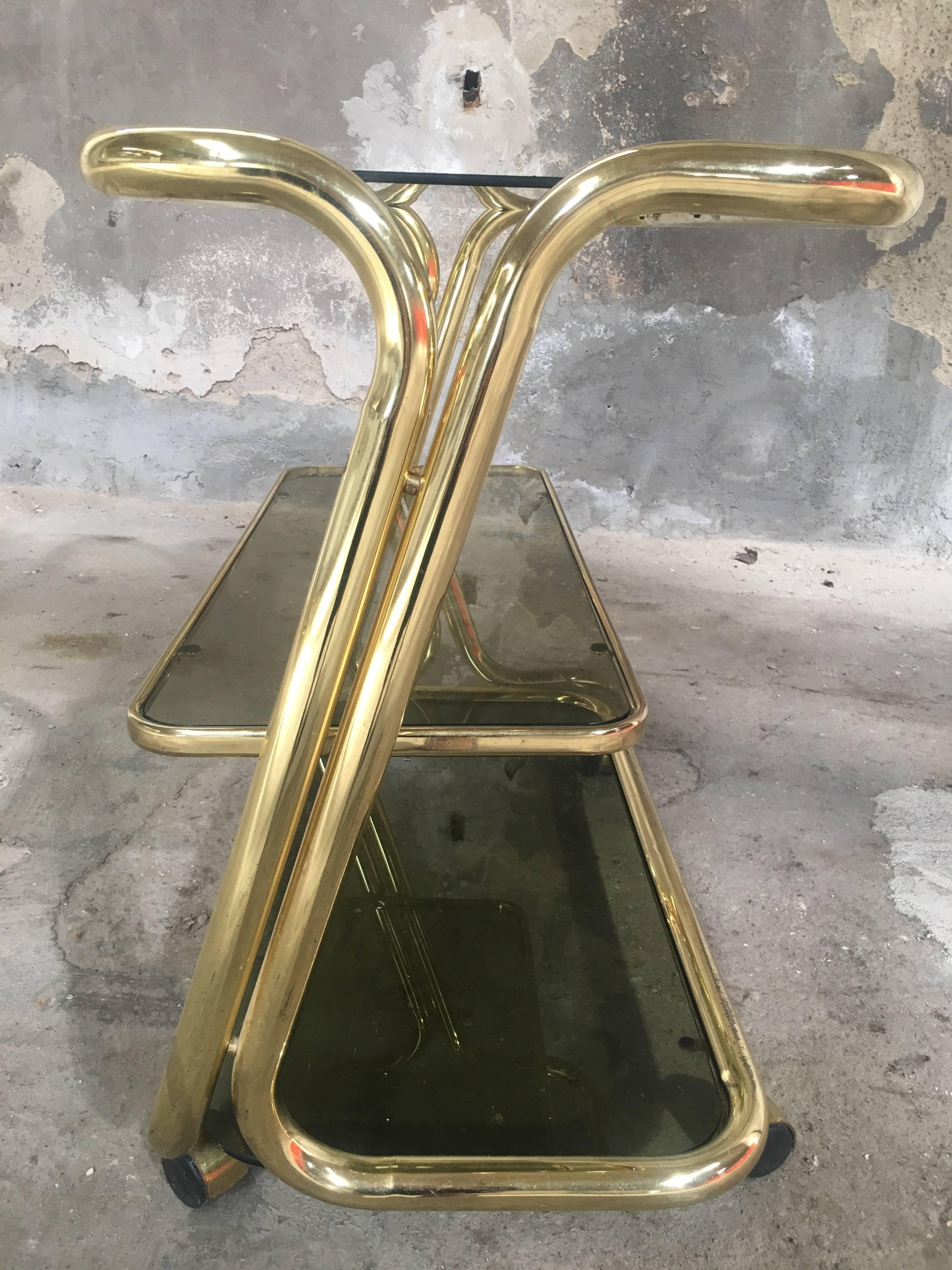 Midcentury Italian Brass Metal Bar Cart with Smoked Glass Shelves from 1970s 1