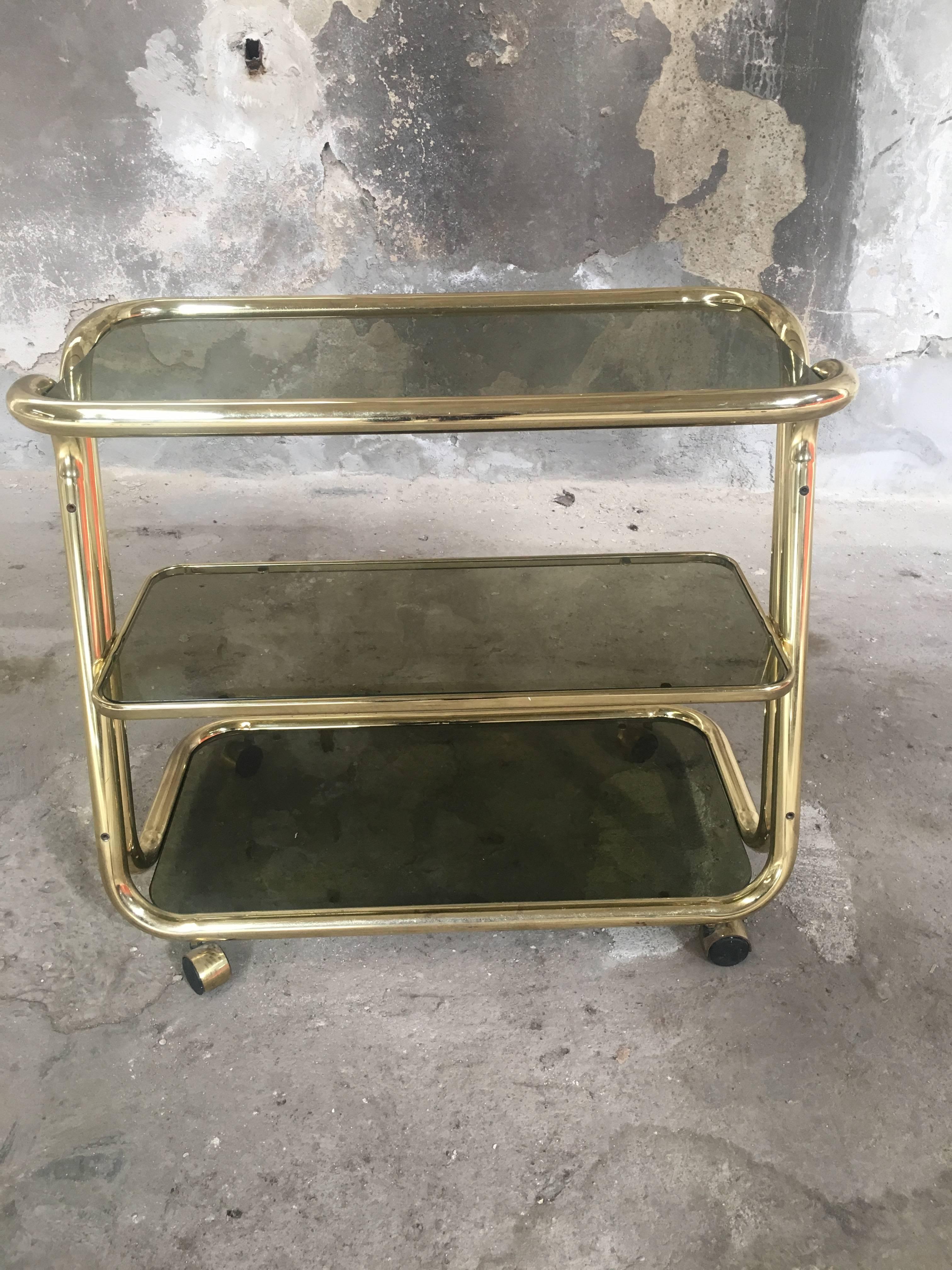 Mid-Century Modern Midcentury Italian Brass Metal Bar Cart with Smoked Glass Shelves from 1970s