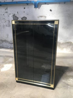 Backlit Display Cabinet in Black Wood with Smoked Glass Shutters, Italy, 1970s
