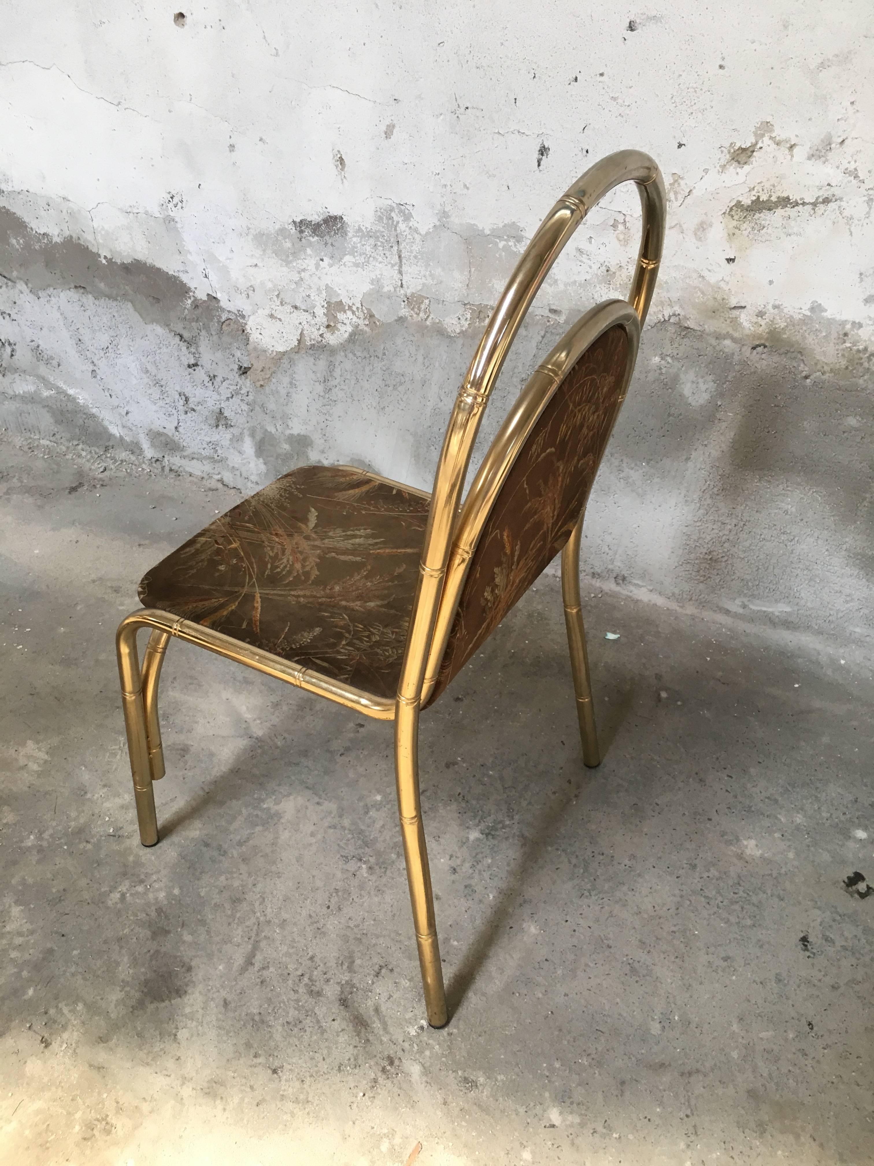 Mid-Century Modern Italian Gilt Metal Faux Bamboo Chairs with Original Fabric 4