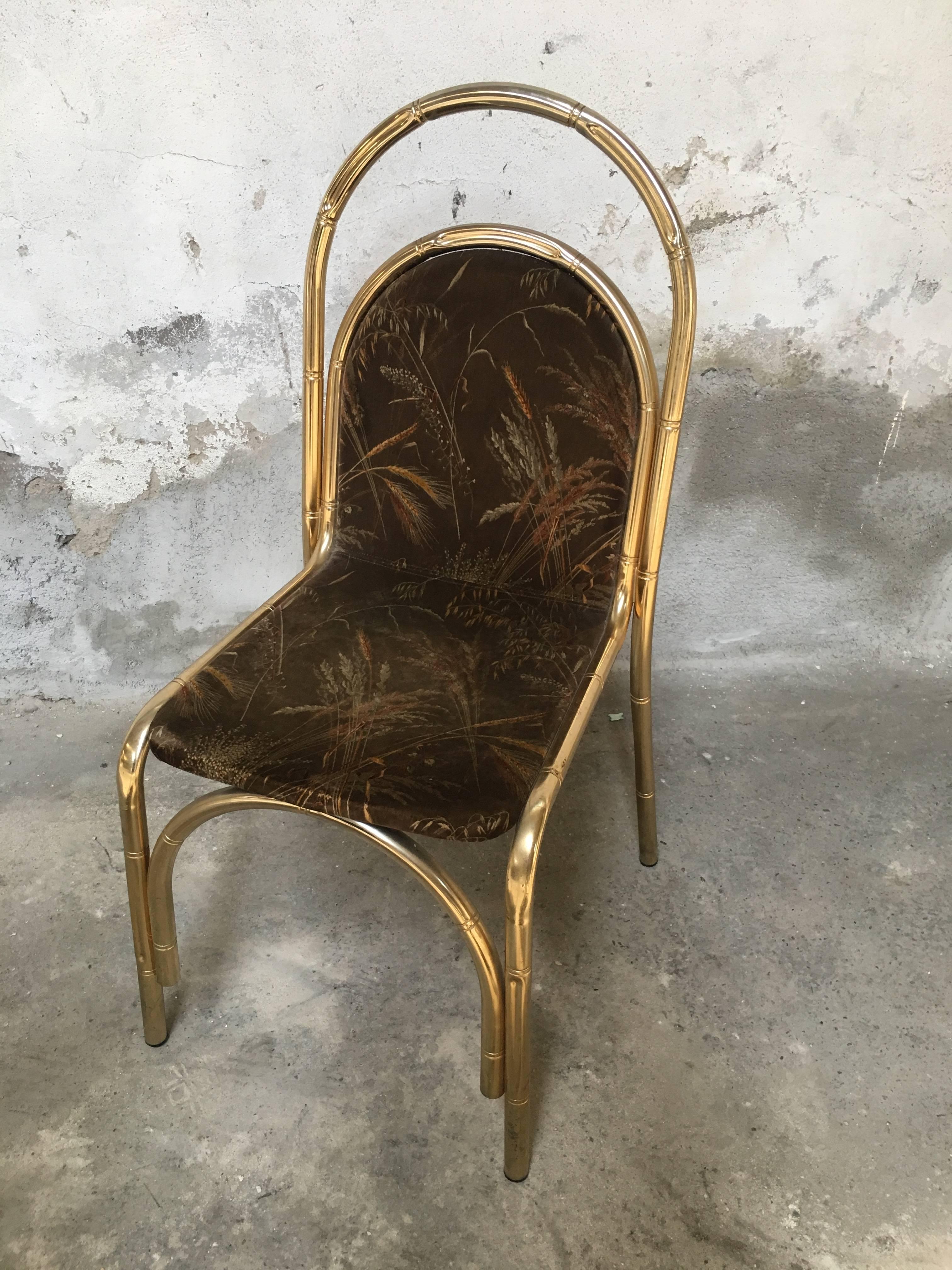Late 20th Century Mid-Century Modern Italian Gilt Metal Faux Bamboo Chairs with Original Fabric