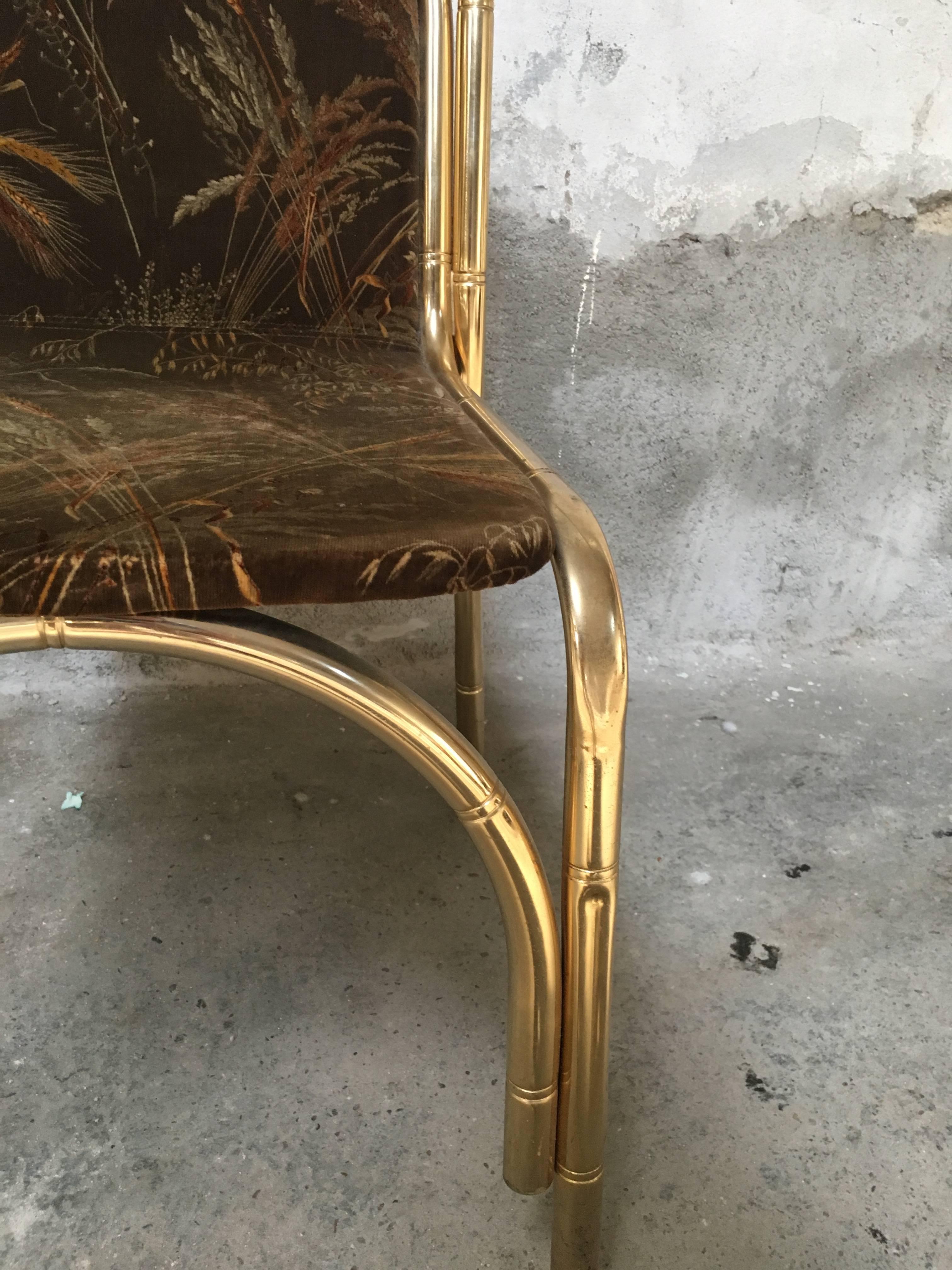 Mid-Century Modern Italian Gilt Metal Faux Bamboo Chairs with Original Fabric 2