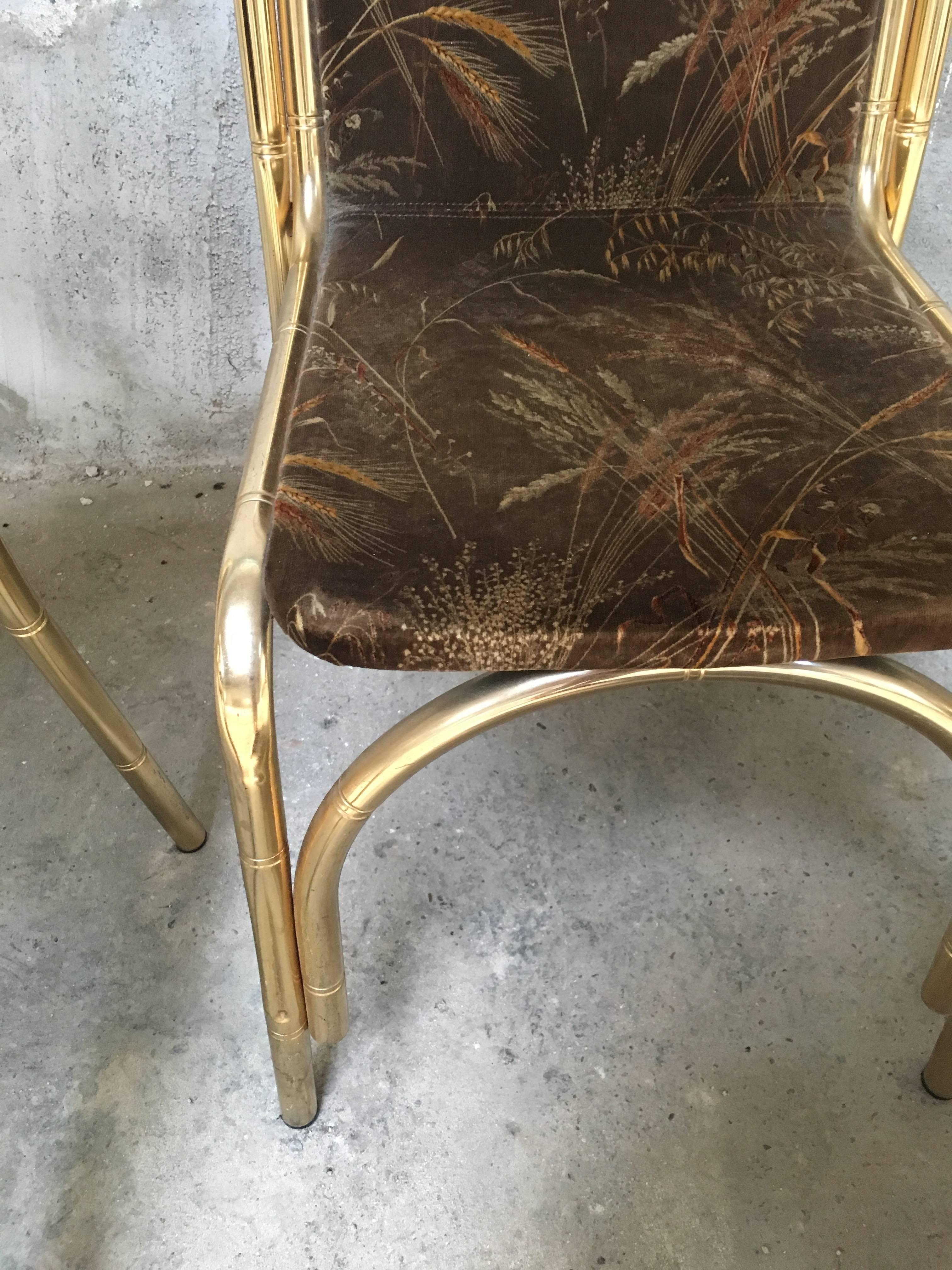 Mid-Century Modern Italian Gilt Metal Faux Bamboo Chairs with Original Fabric 3