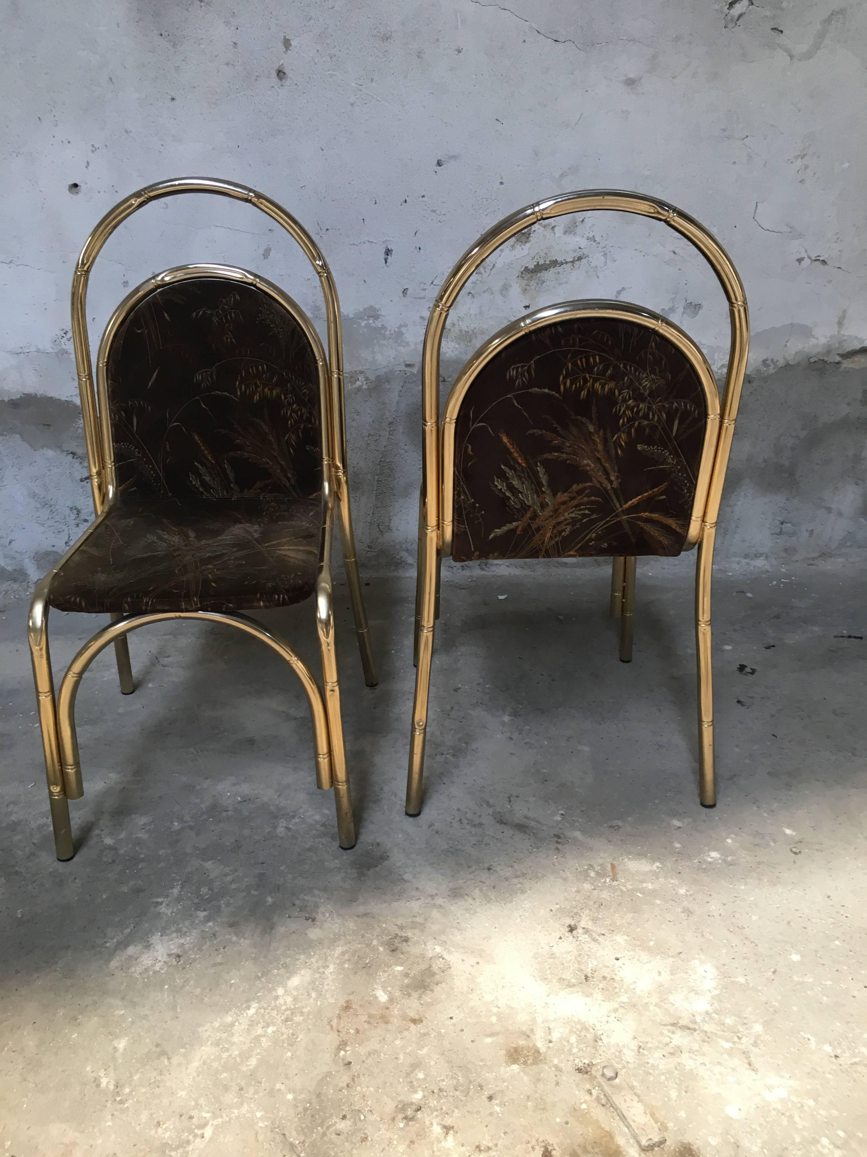 Mid-Century Modern Italian Gilt Metal Faux Bamboo Chairs with Original Fabric In Good Condition In Prato, IT