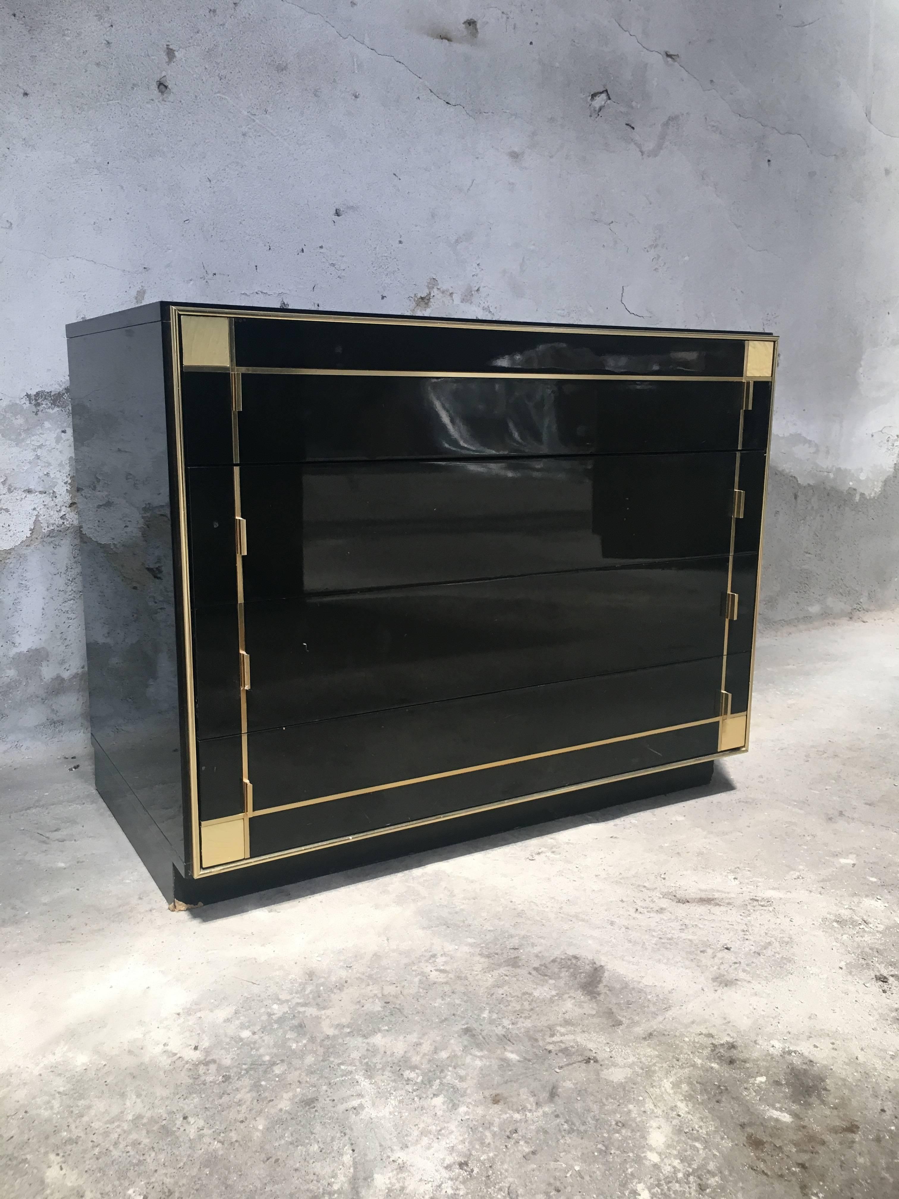 Italian 1970s black modernist dresser with brass and simile mother-of-pearl details.