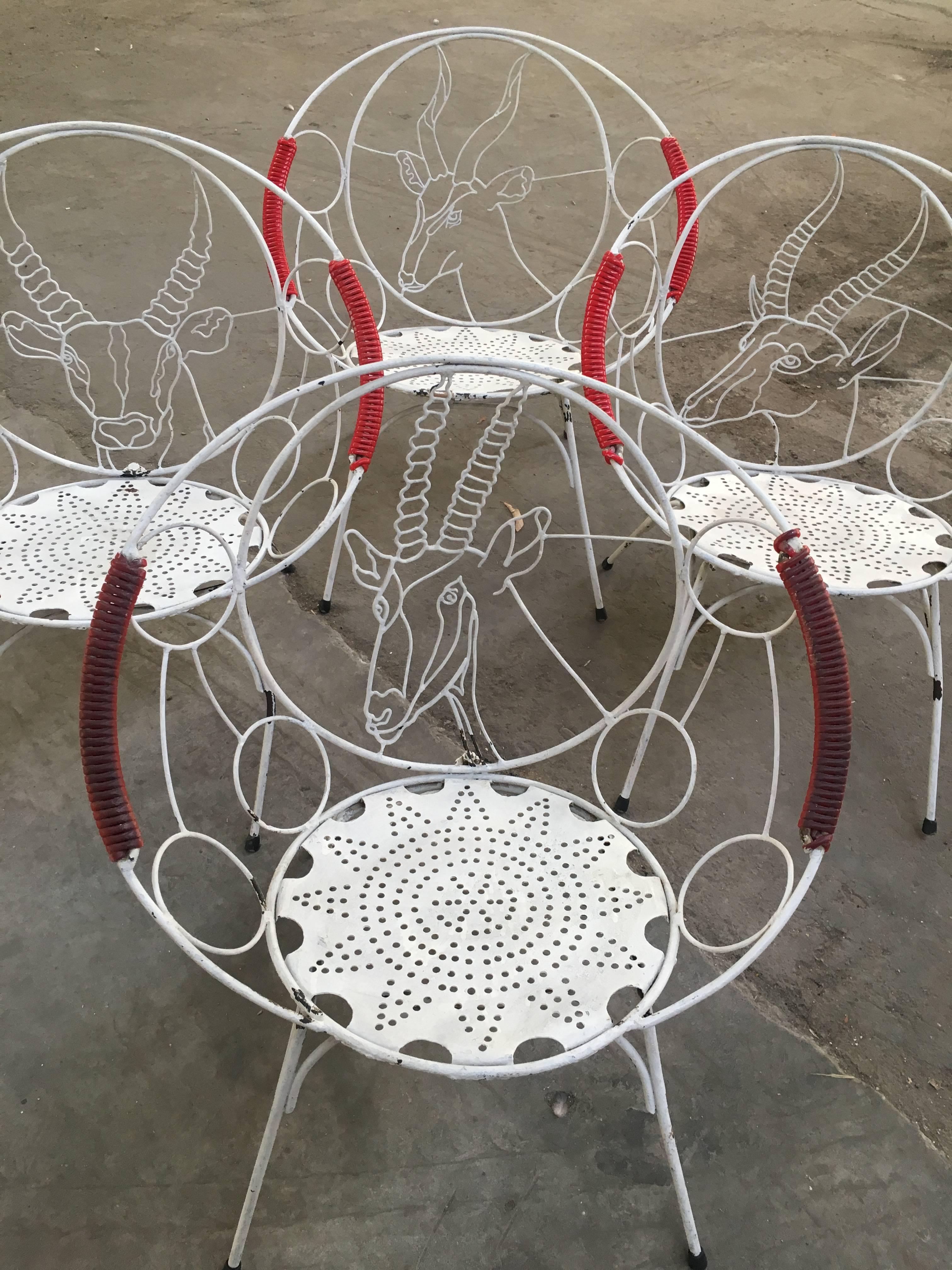 Set of four white lacquered Italian wrought iron garden chairs with chamois from 1950s.