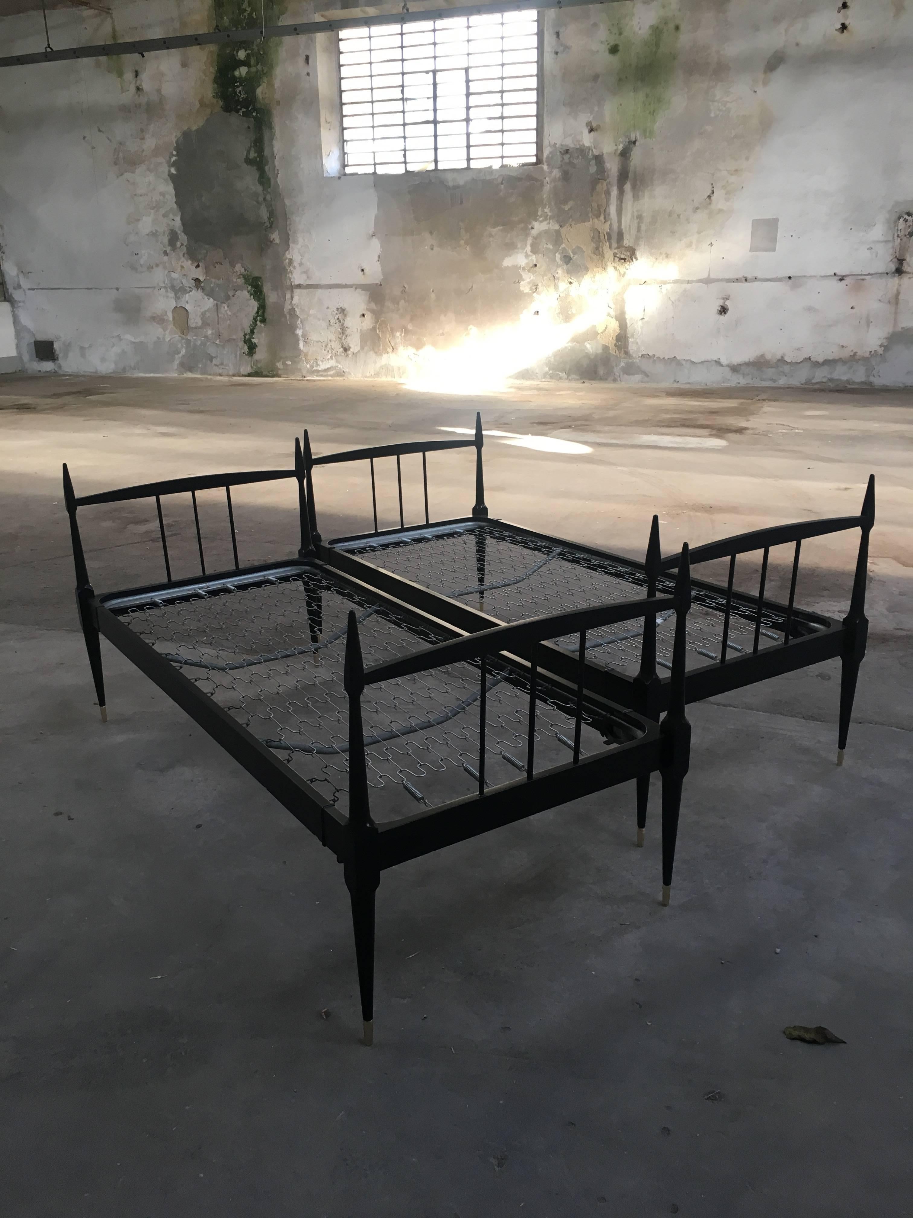 Pair of Italian single beds in lacquered wood with original Permaflex bed net from 1950s
Beds measurements: cm 90 x 206 x H 94-48
These beds need Mattresses of cm 80 x 195.