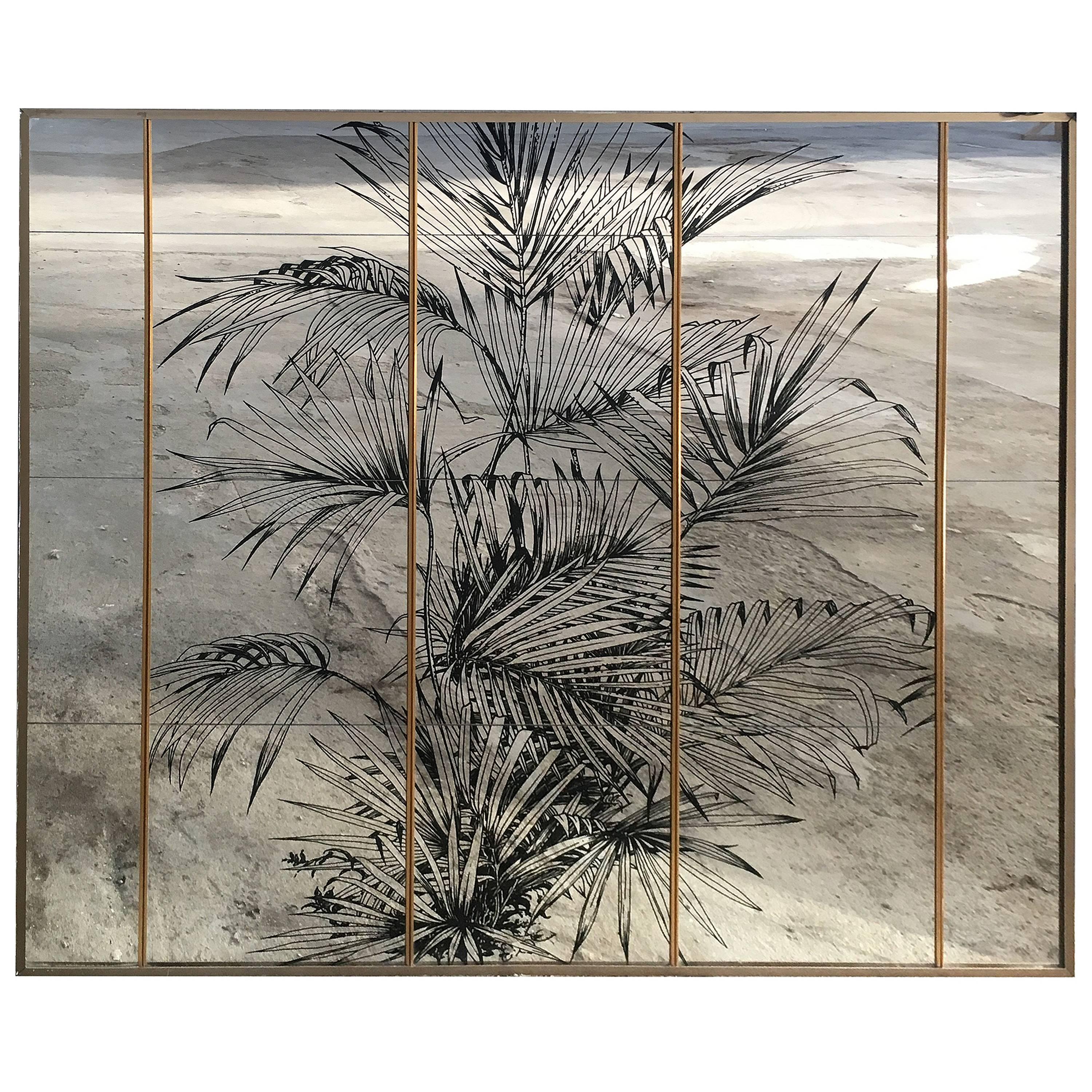 Italian Wall Mirror with Palm Tree and Brass Metal Frame from 1970s